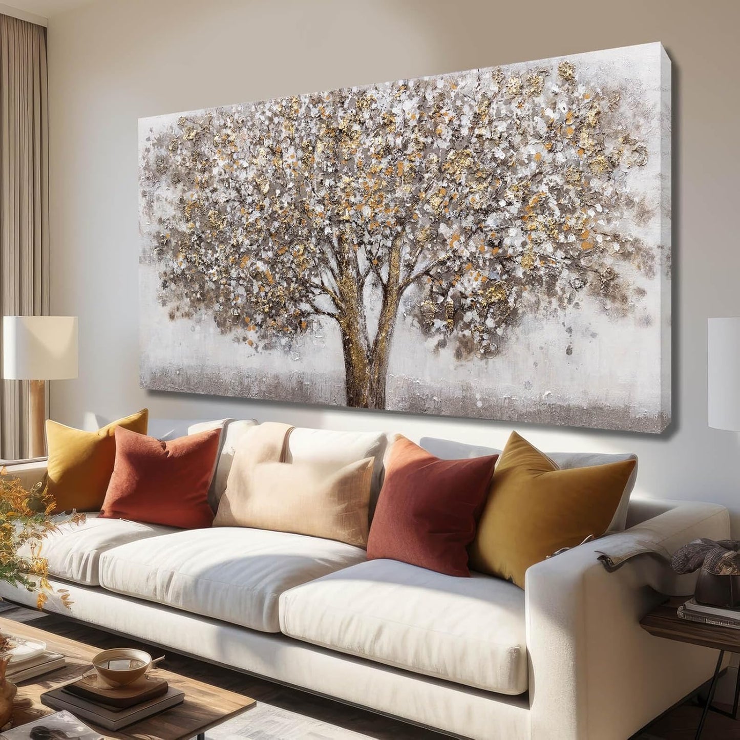 CHUDANHAO Large Canvas Wall Art Decorative Paintings Grey Room Decor Gold Tree Picture Scenery Artwork for Living Room Bedroom Hotel 29"x58"