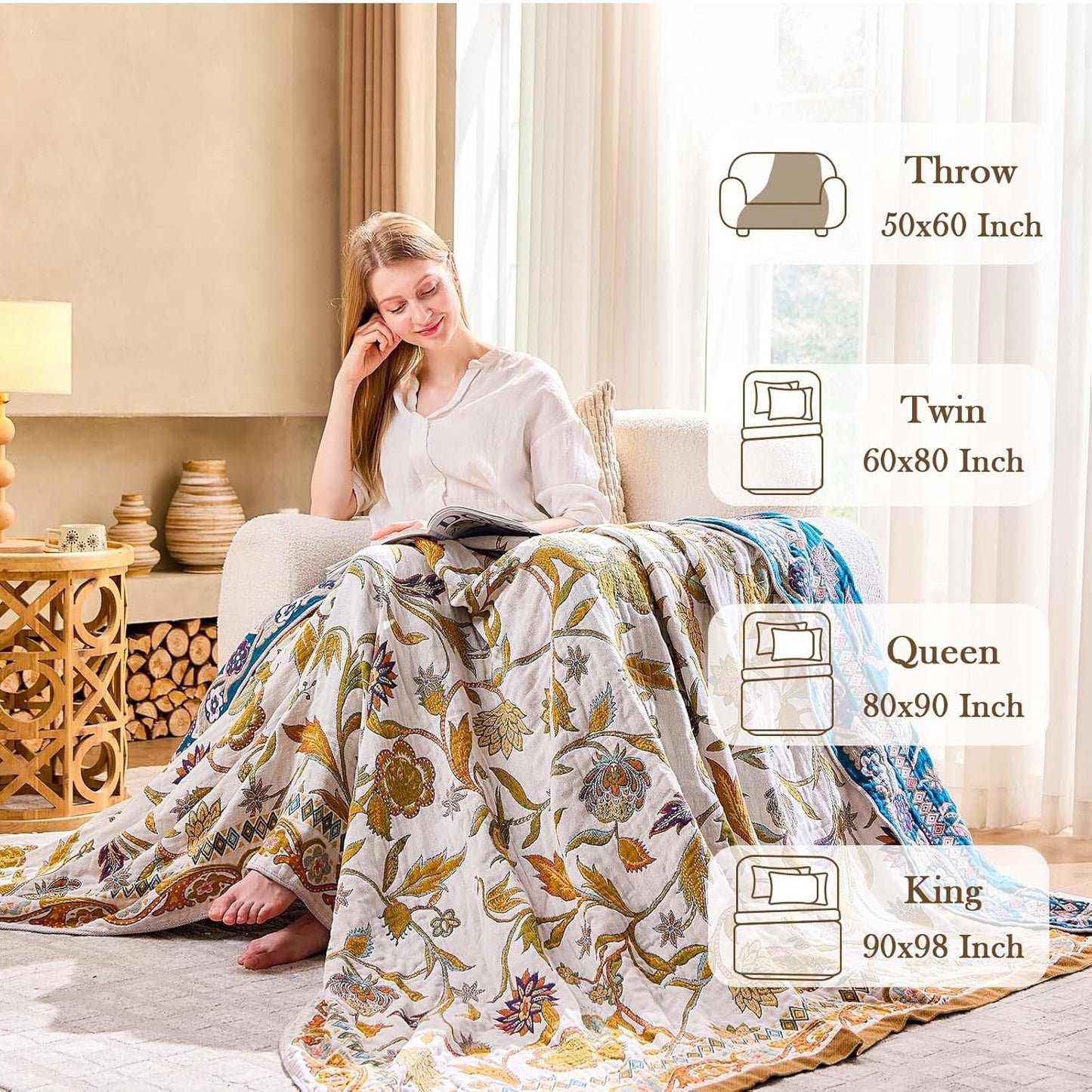 Fall Throw Blanket for Couch, Brown Boho Decorative Throw Blanket, 100% Cotton Muslin Breathable Woven Farmhouse Blankets Quilt, 90"x98" Reversible Lightweight Blankets Bohemian Throw Quilt