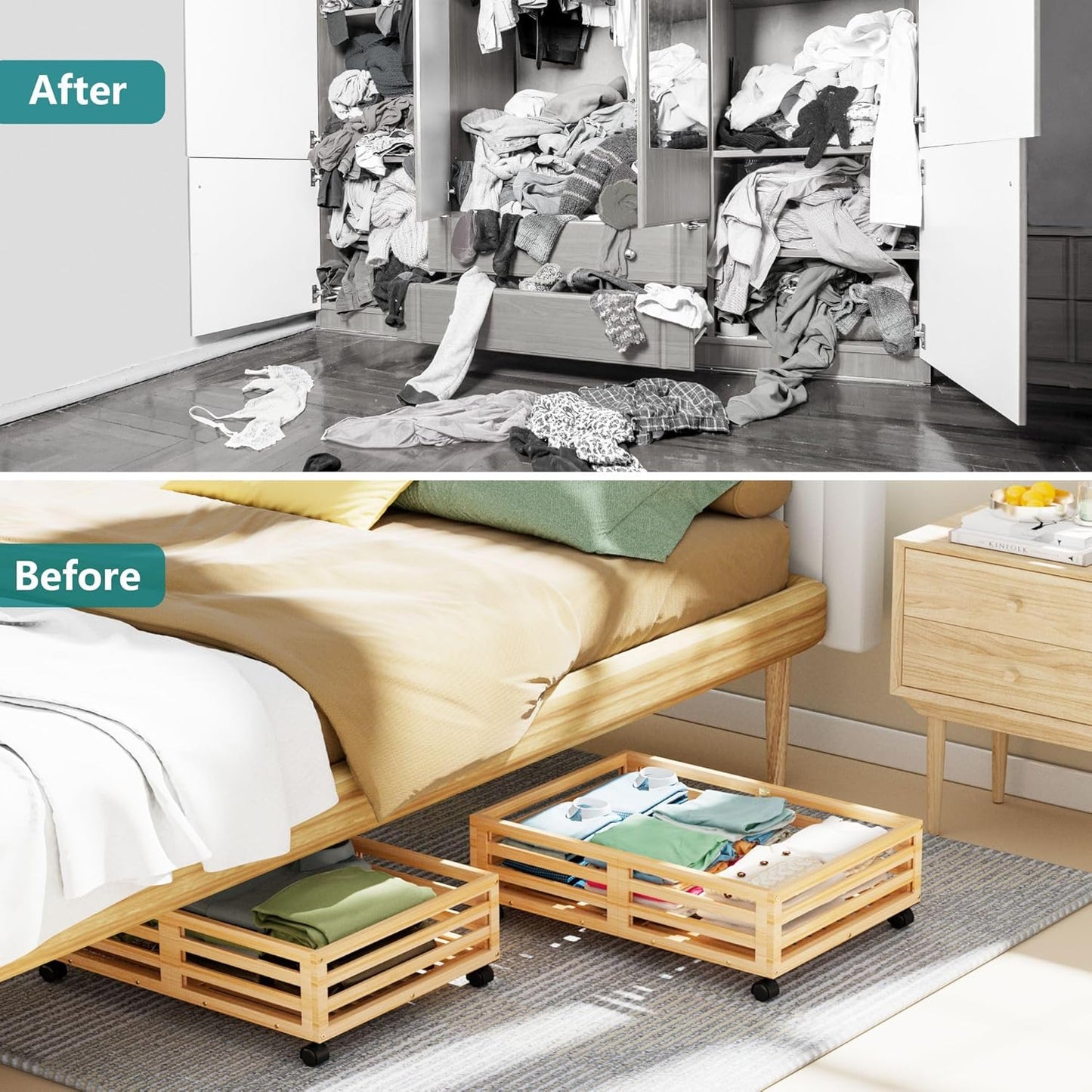 Bamboo Under Bed Storage Containers- Underbed Organizer with Wheels with Large Dust Bag,Sturdy Wood Rolling Under the Bed Shoe Storage Organizer Drawer 2 Packs (Nature, Small)