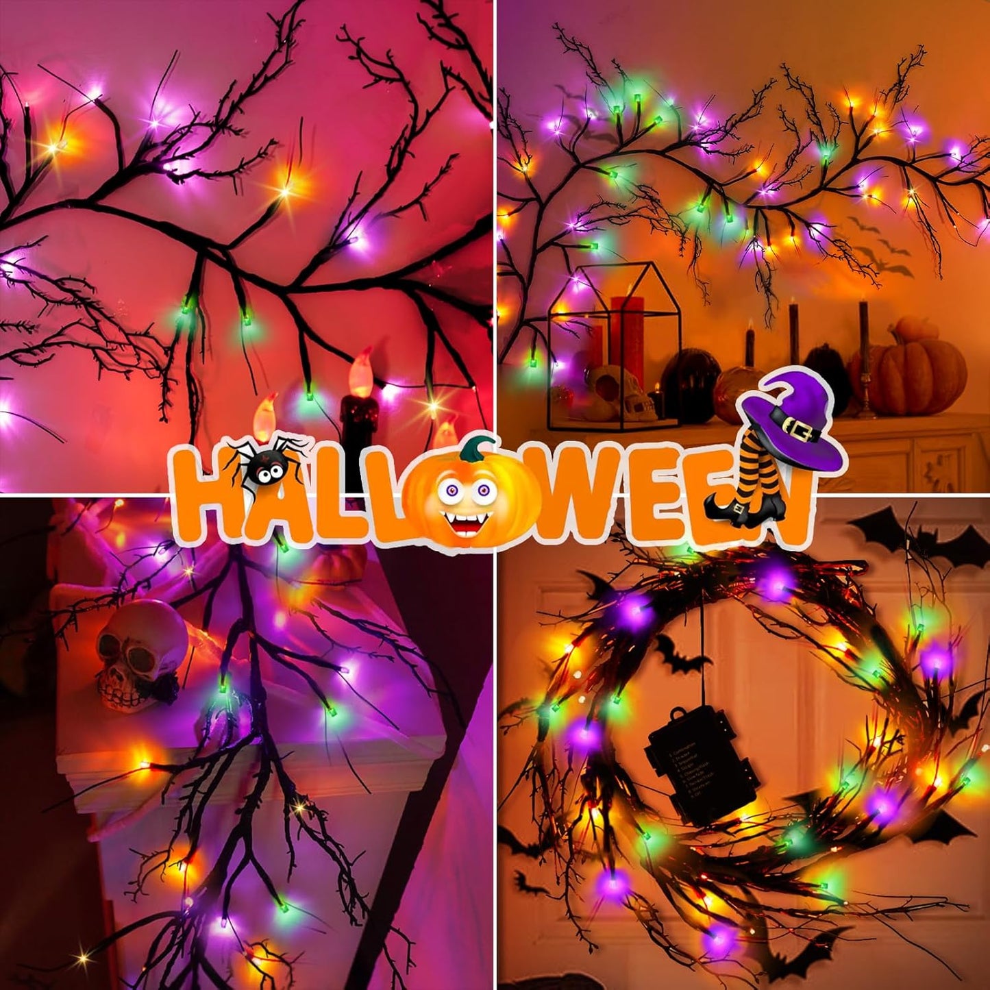 [ Timer & 8 Modes ] 6 Ft 54LED Halloween Willow Vine Twig Decor Branches Garland Decorations Orange ＆ Purple ＆ Green Lights -Battery Operated Garland for Indoor Wall Fireplace Halloween Decorations
