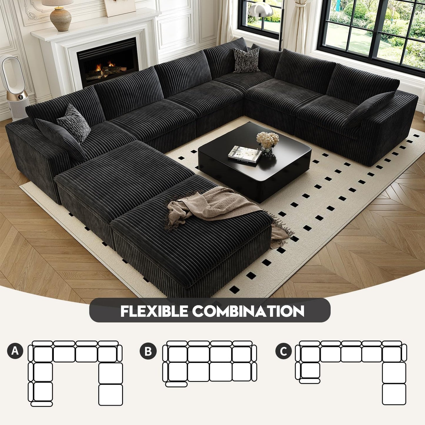 157.5" Cloud Couch Oversized Modular Sectional Sofa for Living Room,Modern Sofa with Deep Seat，8 Seater Boneless Couch with 2 Ottoman,Comfy Upholstered Couches for Apartment, Studio, Office,Black