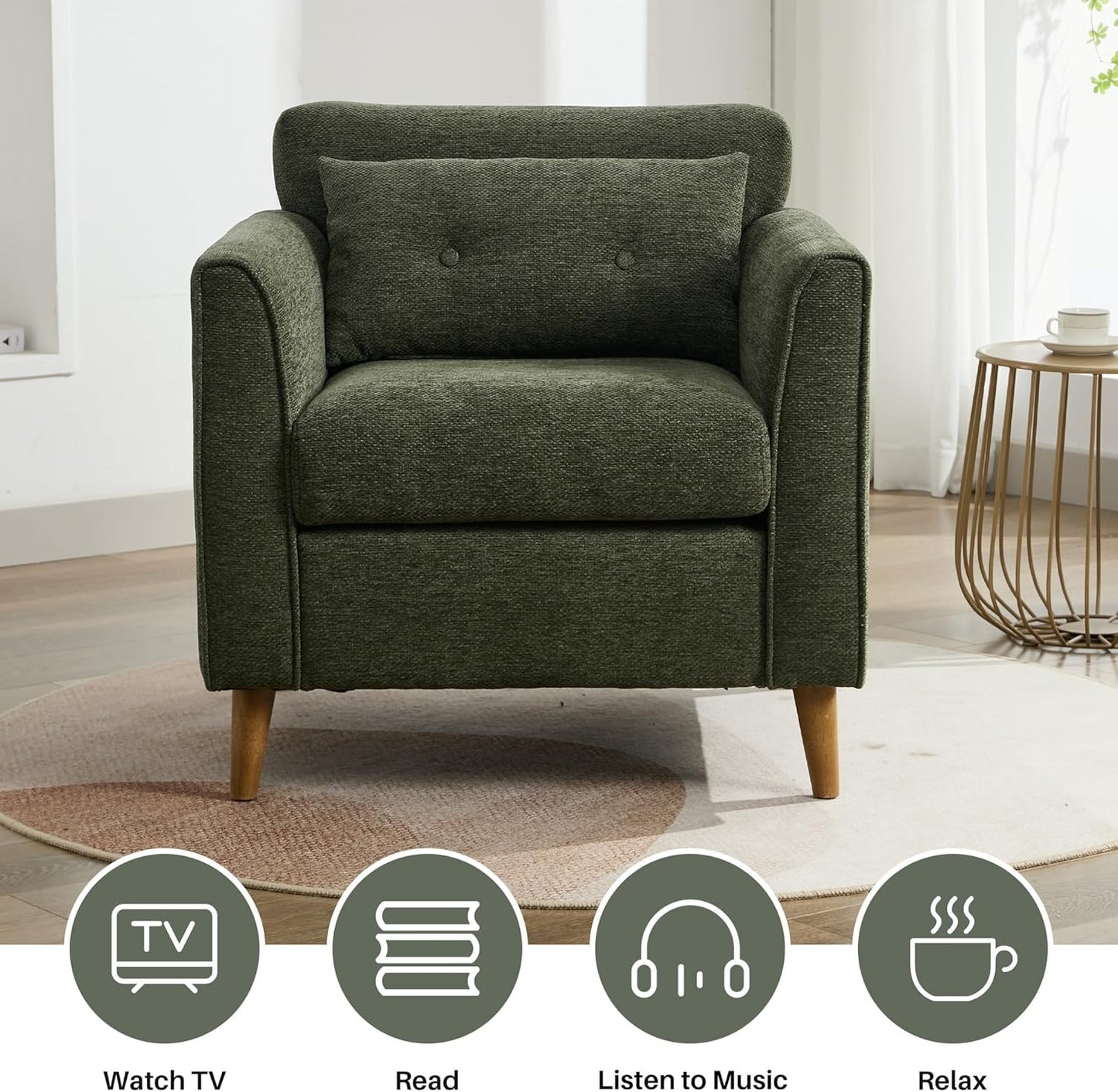 Modern Accent Chair with Wooden Legs Plush Fabric Armchair Cozy Reading Chair for Living Room, Bedroom, Study (Green Armchair)