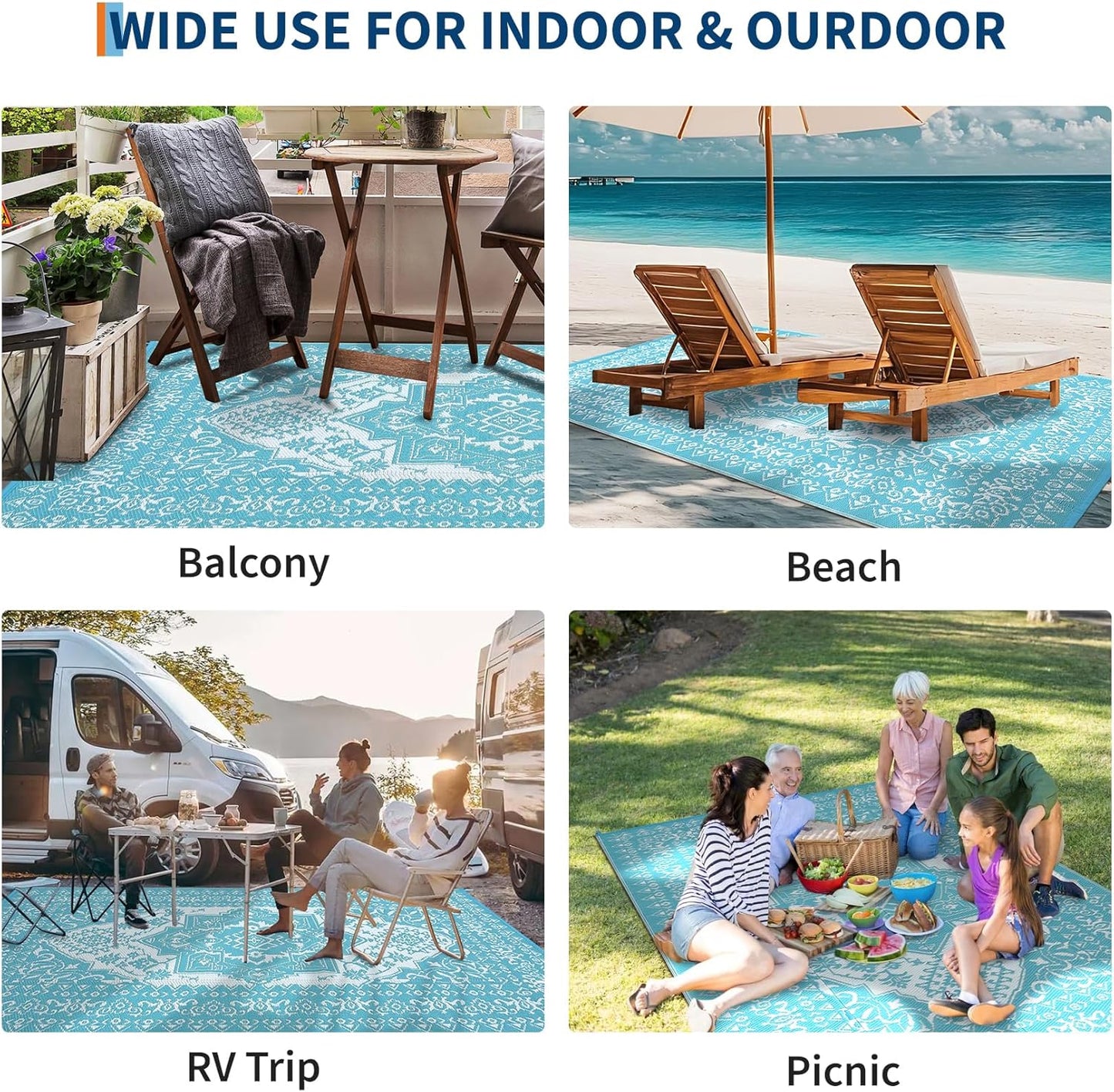 GAOMON Outdoor Rug Waterproof 9x12 Patio Rugs Reversible Plastic Straw Rug, Large UV-Resistant Portable RV Camping Mats, Indoor Outdoor Medallion Carpet for Deck Porch Garden, Light Blue & White