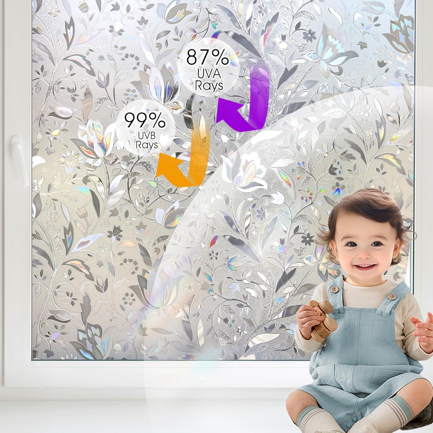 HIDBEA Window Privacy Film, 3D Stained Glass Static Cling - Sun Blocking Anti-UV Heat Control, Reusable Decorative Film for Home/Office Doors, Rainbow Tulip Design (23.6 in x 78.7 in)