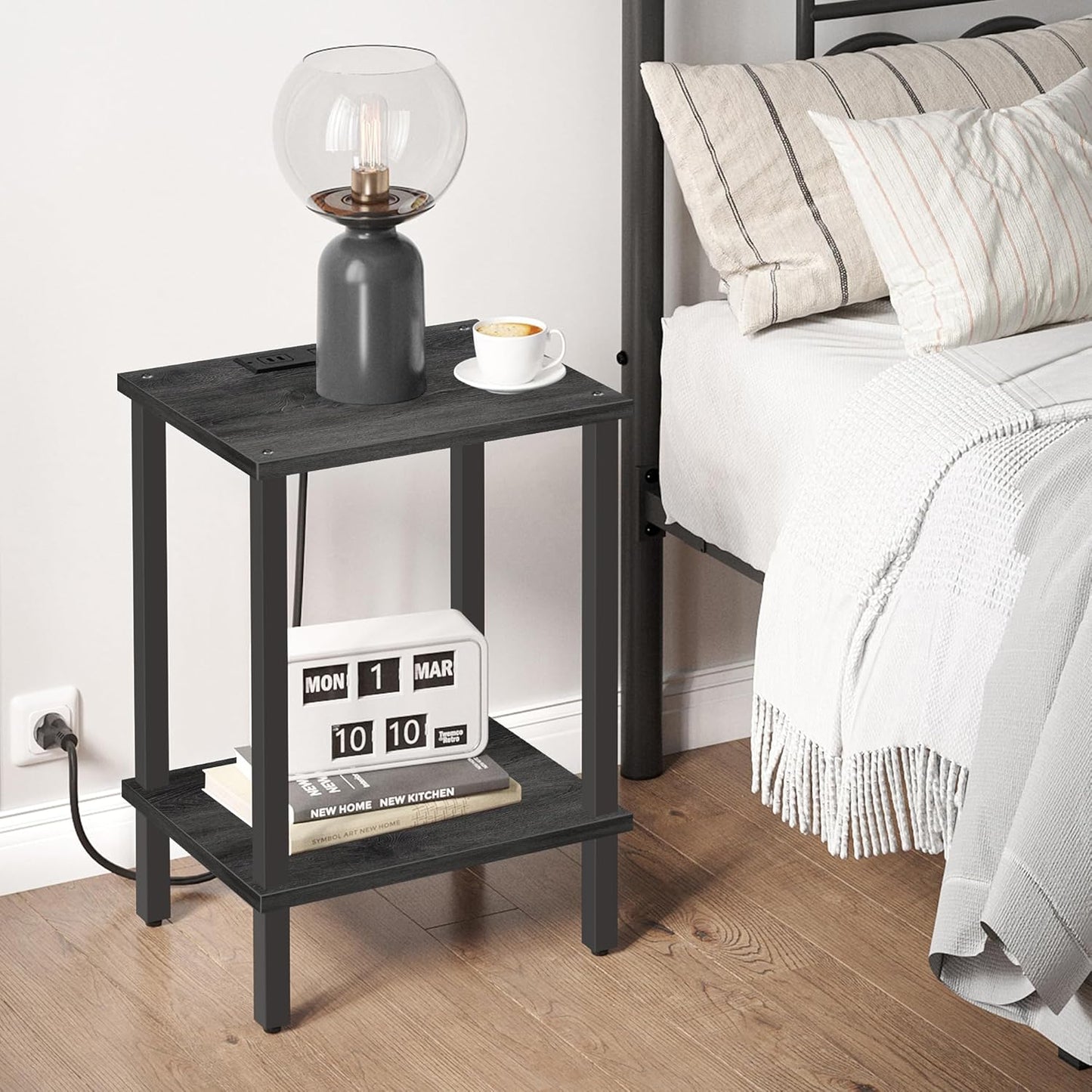 TUTOTAK End Table with Charging Station, Small Side Table with Outlets, Nightstand Bedside Table, 2-Tier Storage Shelf for Small Space, Living Room, Bedroom, Charcoal Grey TB01BY040