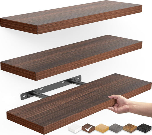 BAYKA Floating Shelves for Wall, Wall Mounted Rustic Wood Shelves for Bathroom, Bedroom, Living Room, Kitchen,Small Hanging Shelf for Books/Storage/Room Decor (Walnut-Like, Set of 3, 15.7in)