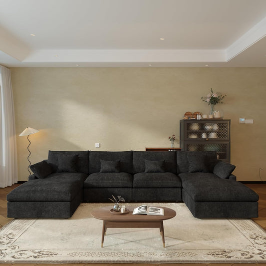 JACH U-Shaped Sectional Couches for Living Room, Cloud Sectional Couch with Deep Seat, 155.9" Modular Sofa with Chaise, Covers Removeable & Washable, Sofas Furniture for Living Room, Black