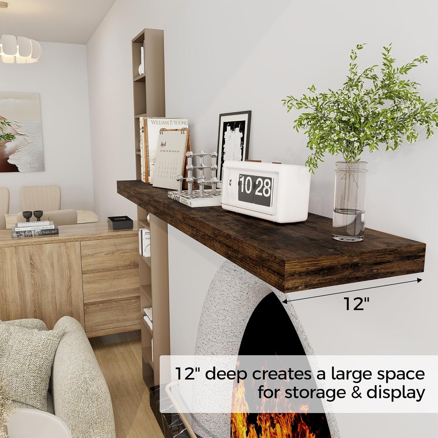 Floating Shelves 55 Inch Long, 55 x 12 Large Floating Shelf Wall Mounted, 12 Inch Wide Floating Shelves for Fireplace Mantel, 2" Thicked Storaged Shelves for Living Room, Bedroom, Rustic Brown, 1 Pack