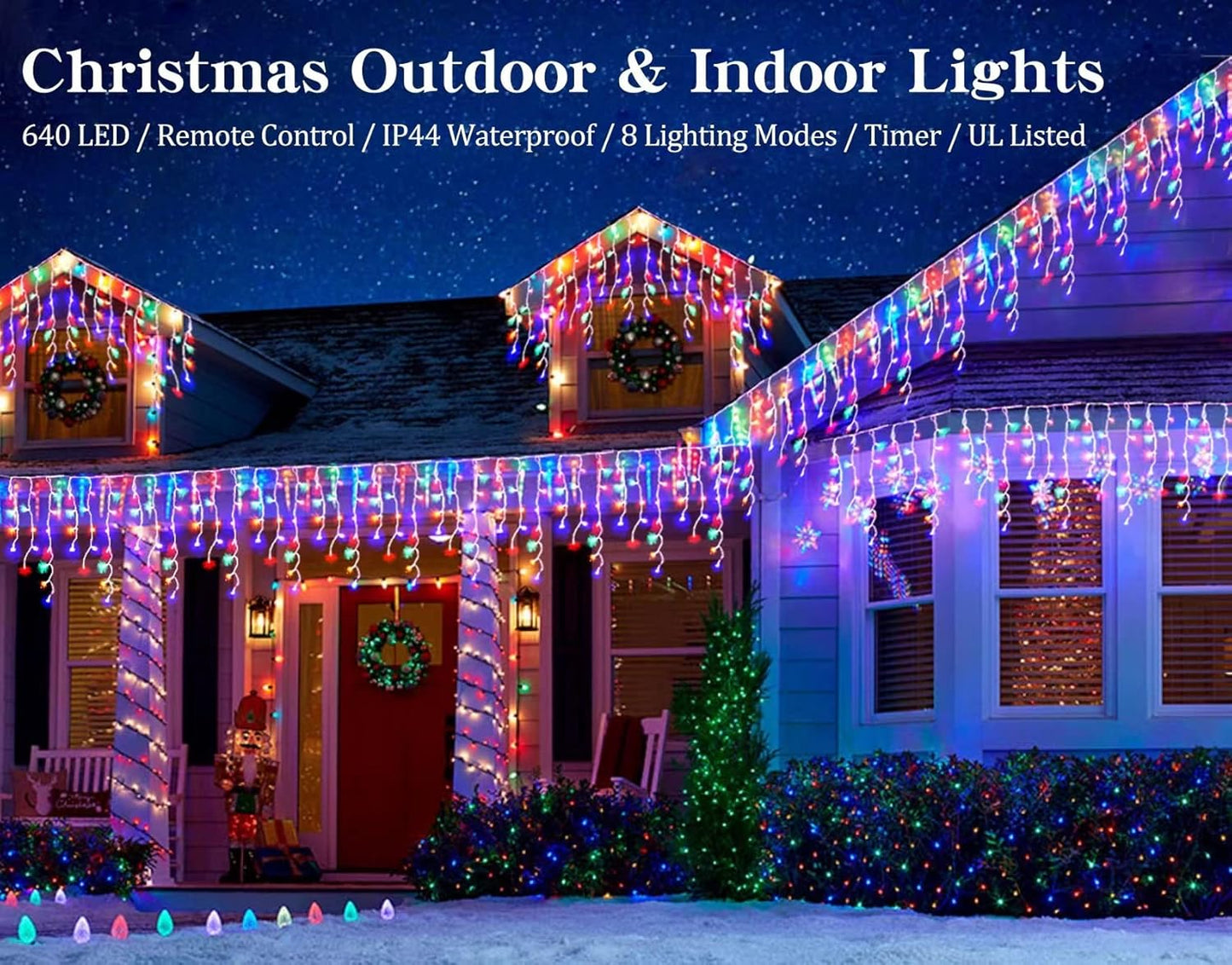 Christmas Icicle Lights Outdoor,640 LED 65.6 FT 8 Modes with Remote Control, Curtain Fairy String Lights for Christmas Decorations Holiday Wedding Party Eaves Window Yard Indoor (Multicolor)