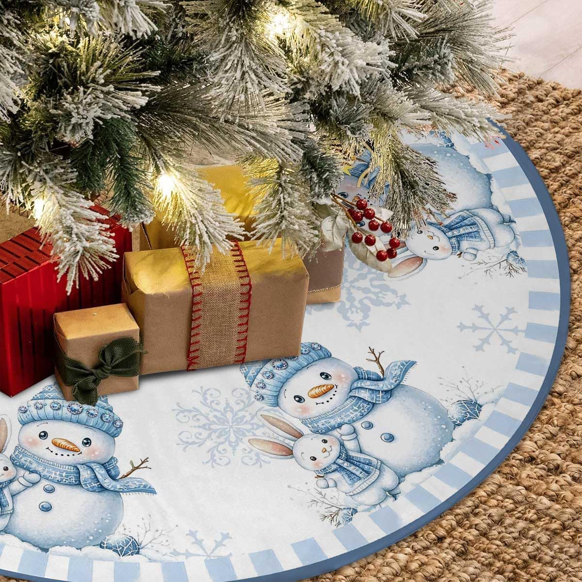Christmas Tree Skirt 36 inches Blue Snowman Christmas Tree Skirt Mat Farmhouse Xmas Ornaments Decorations for Christmas Holiday Party (Blue, 36in)