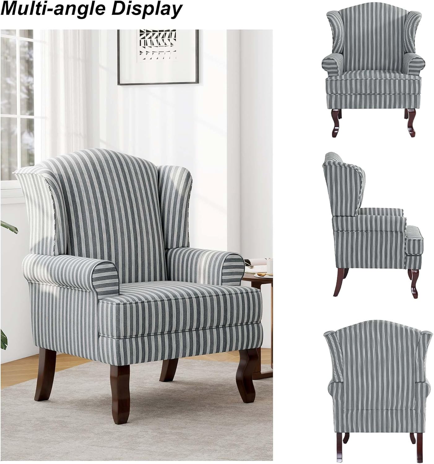 Accent Chair, High Back Upholstered Armchair with High Resilience Sponge & Wood Legs, Mid-Century Modern Comfy Single Sofa Reading Chairs for Living Room, Bedroom (Stripe Grey, Set of 2)