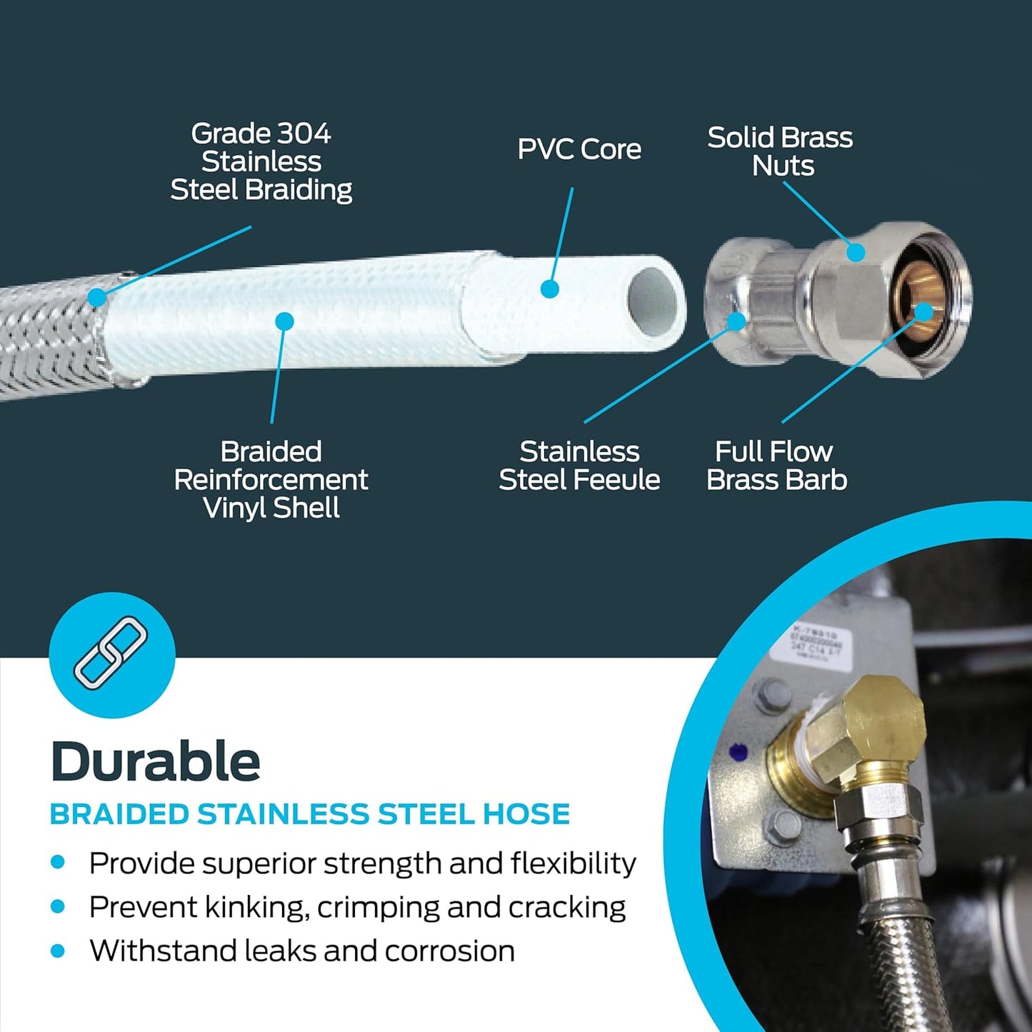 Eastman Dishwasher Installation Kit, 8 Foot Hose with Adapters, 3/8 Inch MIP x 3/4 Inch FHT Elbows, Braided Stainless Steel Connectors, 41132