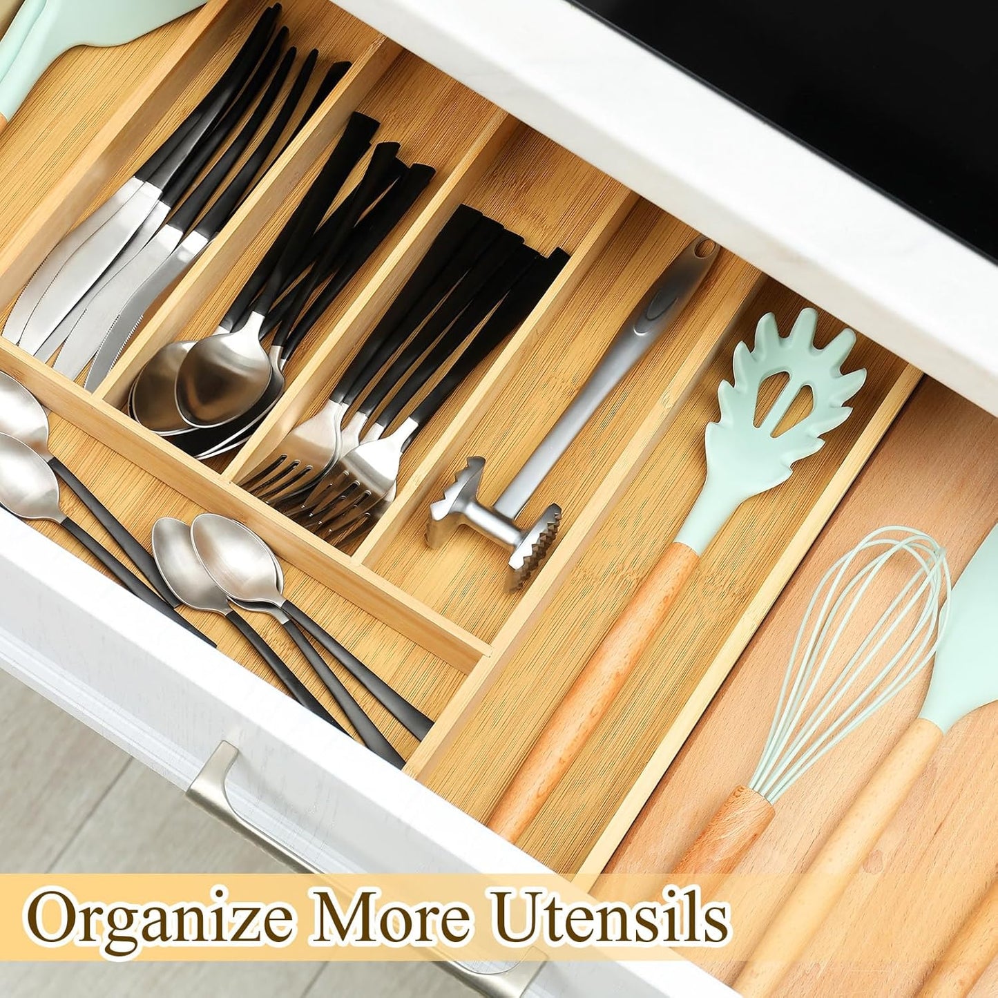 7 Pcs Adjustable Bamboo Drawer Dividers Expandable Drawer Organizers Cutlery Tray Spring Separators Organization for Kitchen Bedroom Bathroom Dresser Office