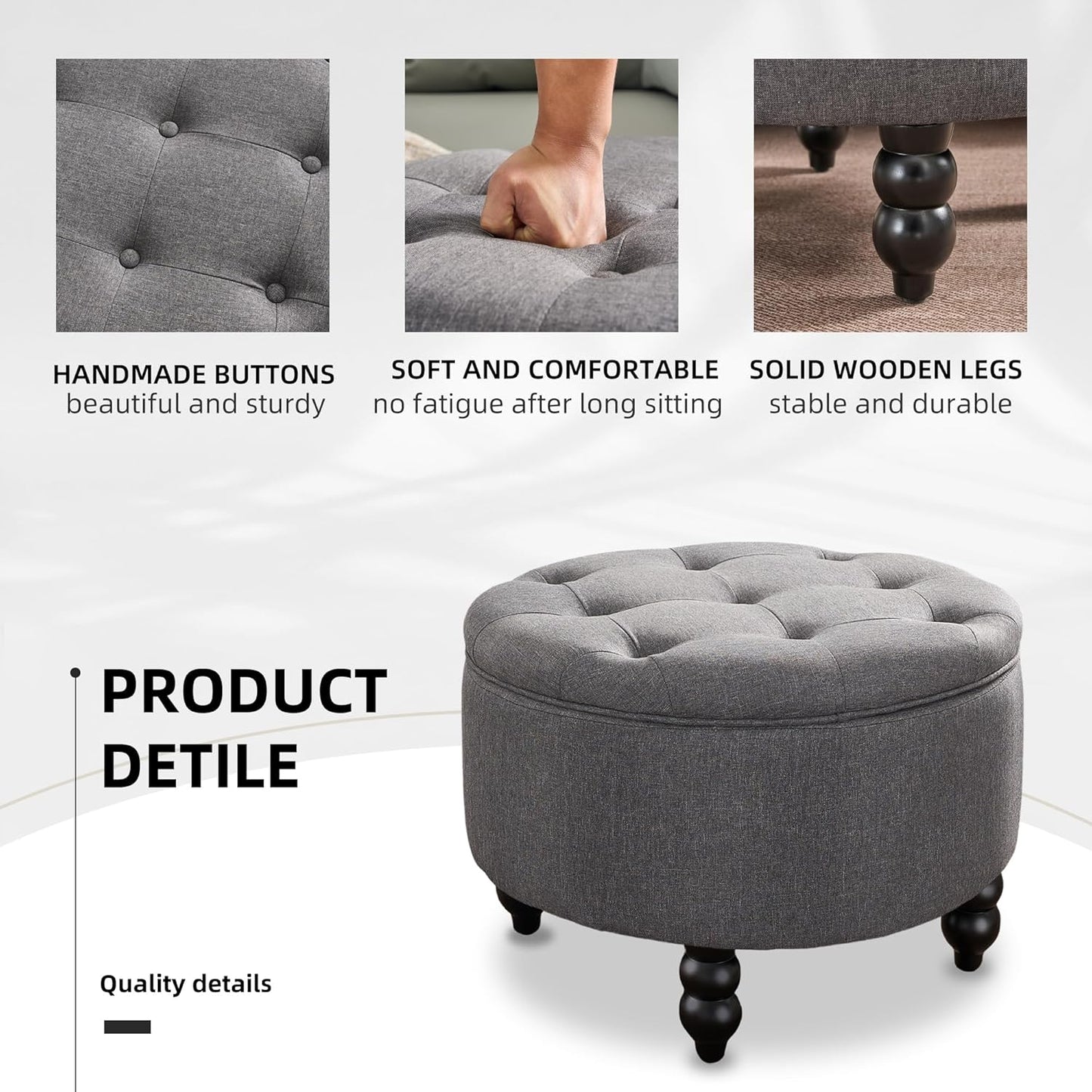 Fabric Round Ottoman with Storage, Upholstered Tufted Storage Footstool, Modern Wooden Coffee Table for Living Room, Bedroom, Dark Grey