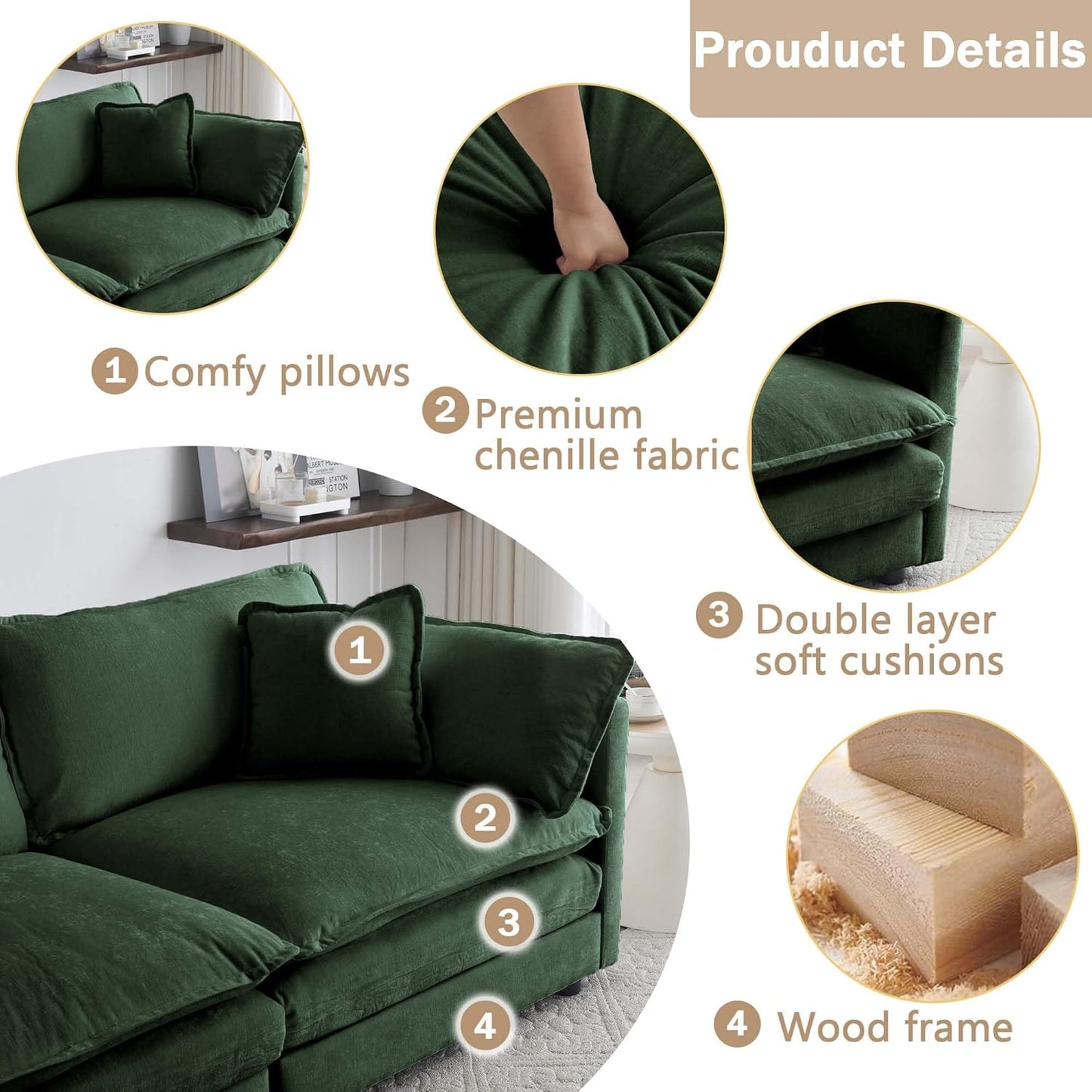 Sectional Sofa 4 Seater with Movable 2 Ottomans,Oversized Modular Couch Deep Seat (Green, 146.5 inch-U)