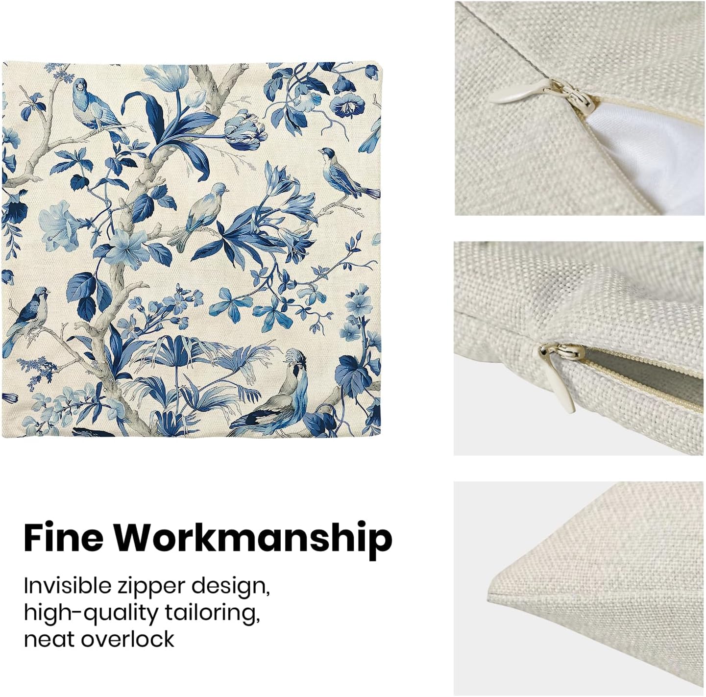 CXMEIFLY Navy Blue Spring Floral Pillow Covers 18 x 18 Inch Set of 2 for Chinoiserie Flowers Bird Decor Throw Pillows Vintage Plant Outdoor Decorative Cushion Cases for Couch Bed Decorations