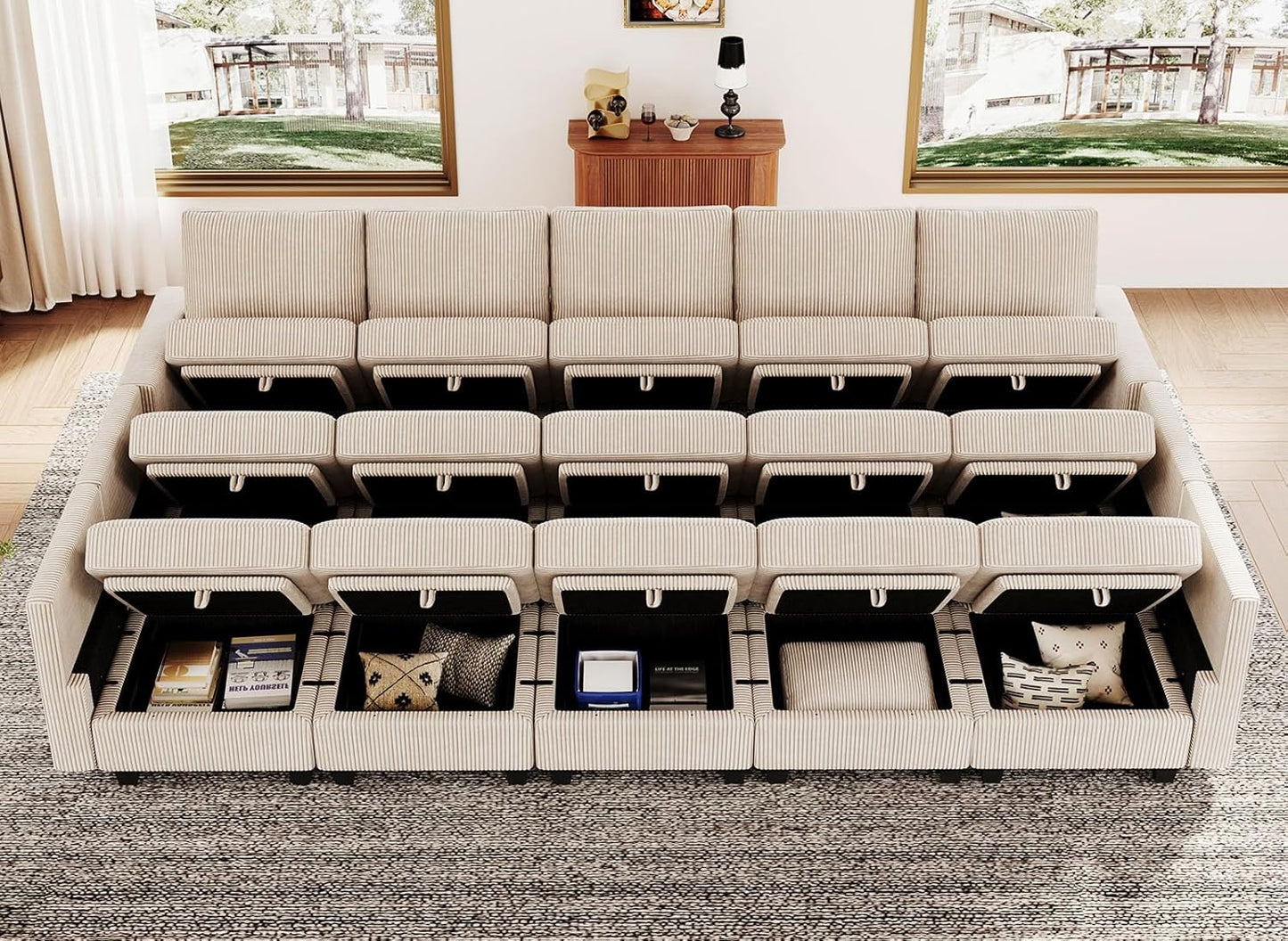 Belffin Large 15 Seat Modular Sectional Sofa with Storage Seat Corduroy Sleeper Sectional Sofa Bed Oversized Convertible Modular Couch for Living Room Beige