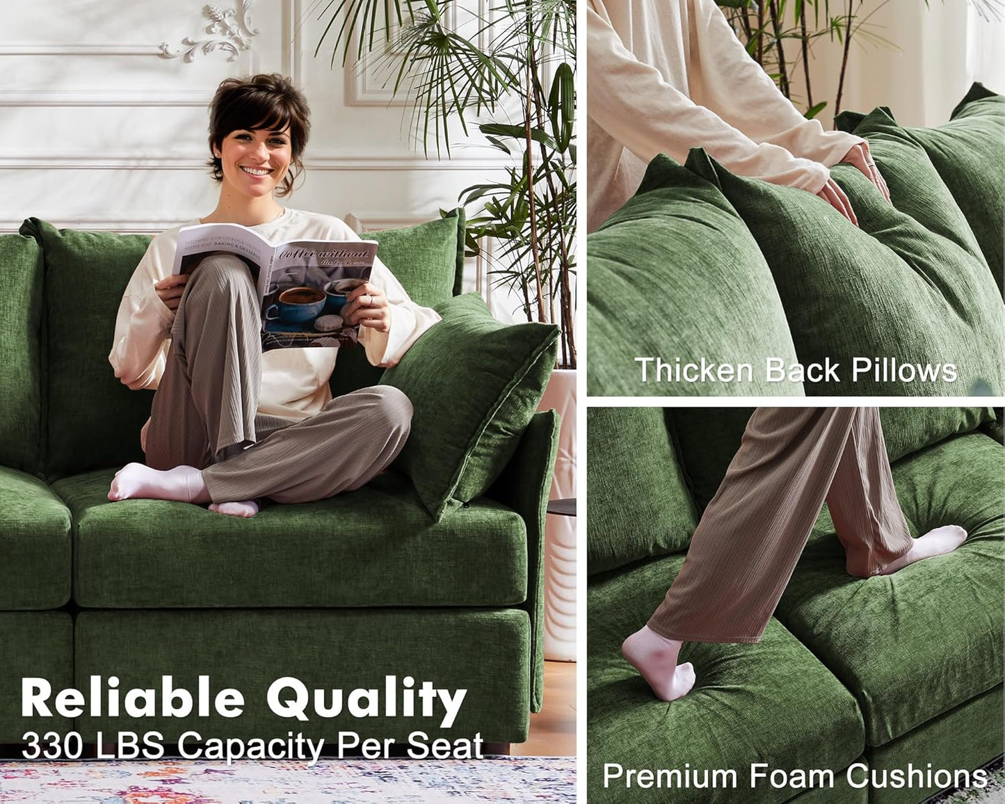 134.6" Luxury Modular Sectional Convertible Sofa with Storage Ottoman, L-Shape 5-Seat Oversized Comfy Couch Deep Seat with Reversible Chaise - Chenille Green