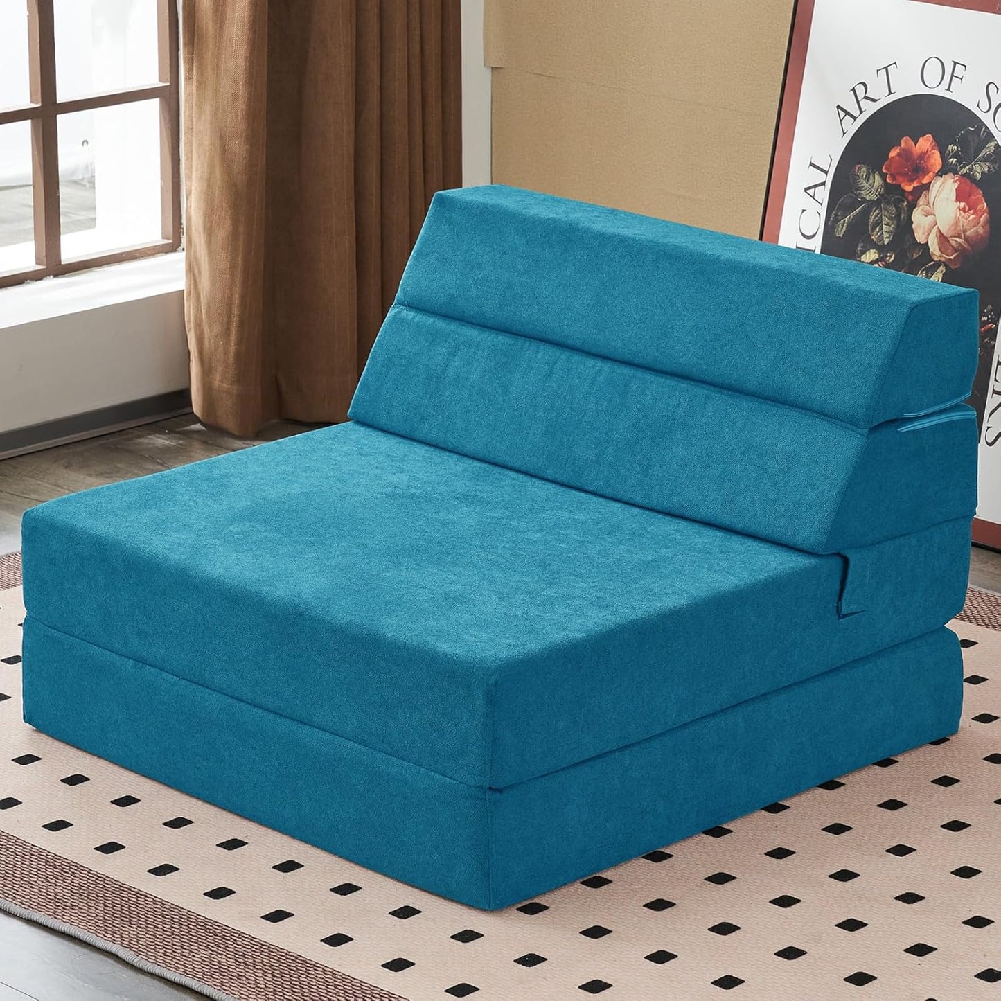jela Foldable Sofa Bed, Convertible Sleeper Lounge Chair Floor Mattress Floor Couch with Backrest, Fold Out Futon with Washable Miss Fabric Cover for Guest Room, Living Room (83"x33",Teal)