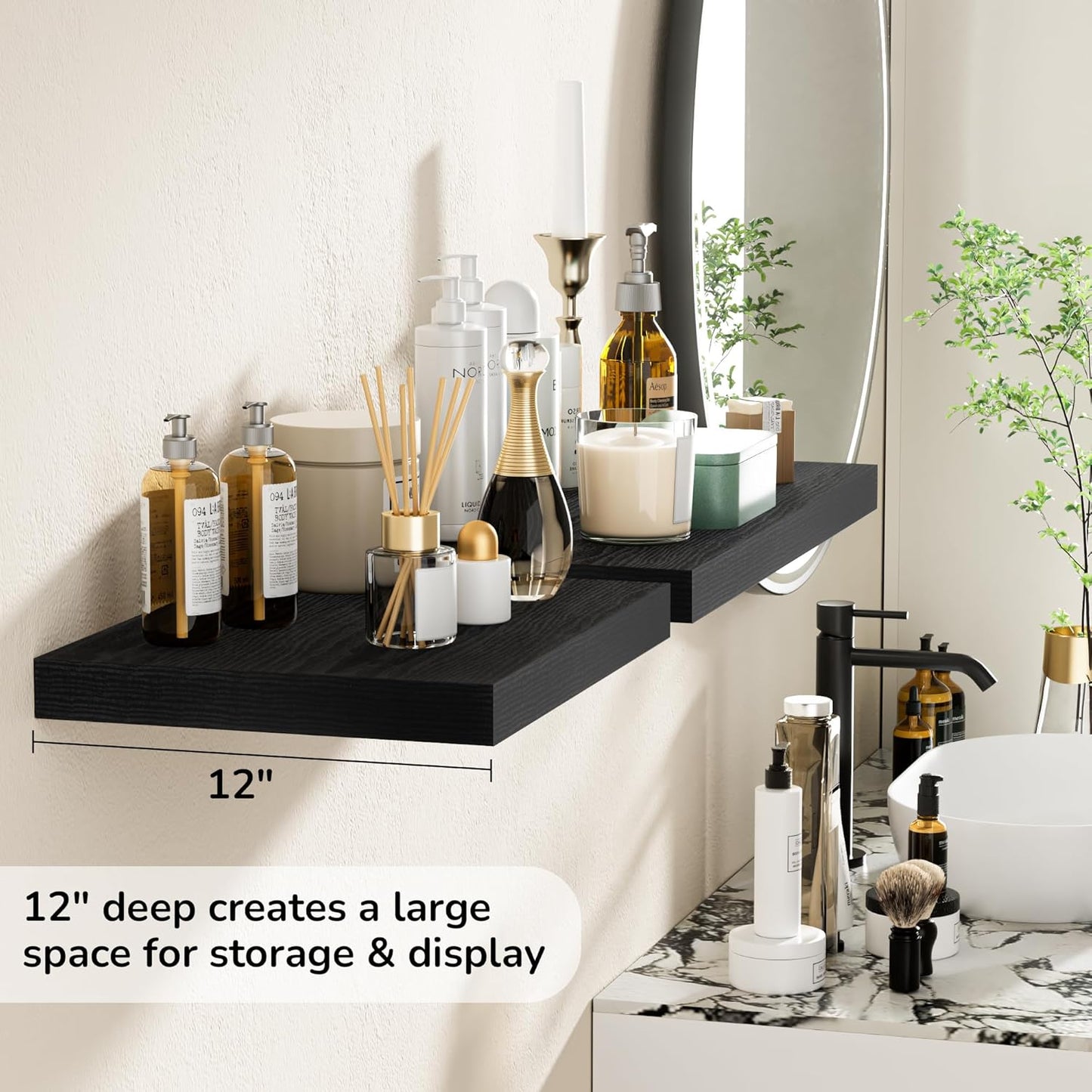 Fun Memories Floating Shelves - 2 Pack 12 Inch Deep Rustic Wooden Wall Shelves - Extra Deeper & Thicker Wall Mounted Storage Shelf for Kitchen, Farmhouse - 16" W x 12" D x 1.5" H - Rustic Black