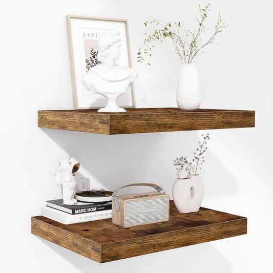 Fun Memories Floating Shelves - 2 Pack 12 Inch Deep Rustic Wooden Wall Shelves - Extra Deeper & Thicker Wall Mounted Storage Shelf for Living Room, Kitchen, Farmhouse - 16" W x 12" D x 1.5" H - Brown