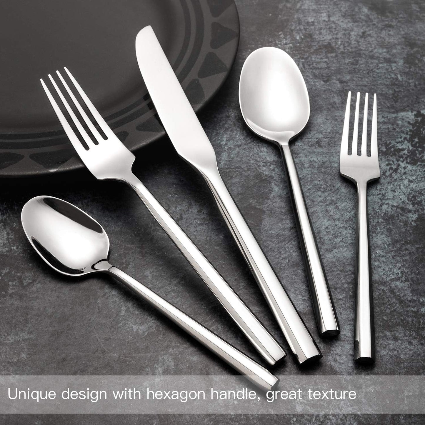 Silverware Set Flatware Set Stainless Steel Heavy Cutlery Set Hexagon Handle Mirror Finished 60 Pieces Service for 12