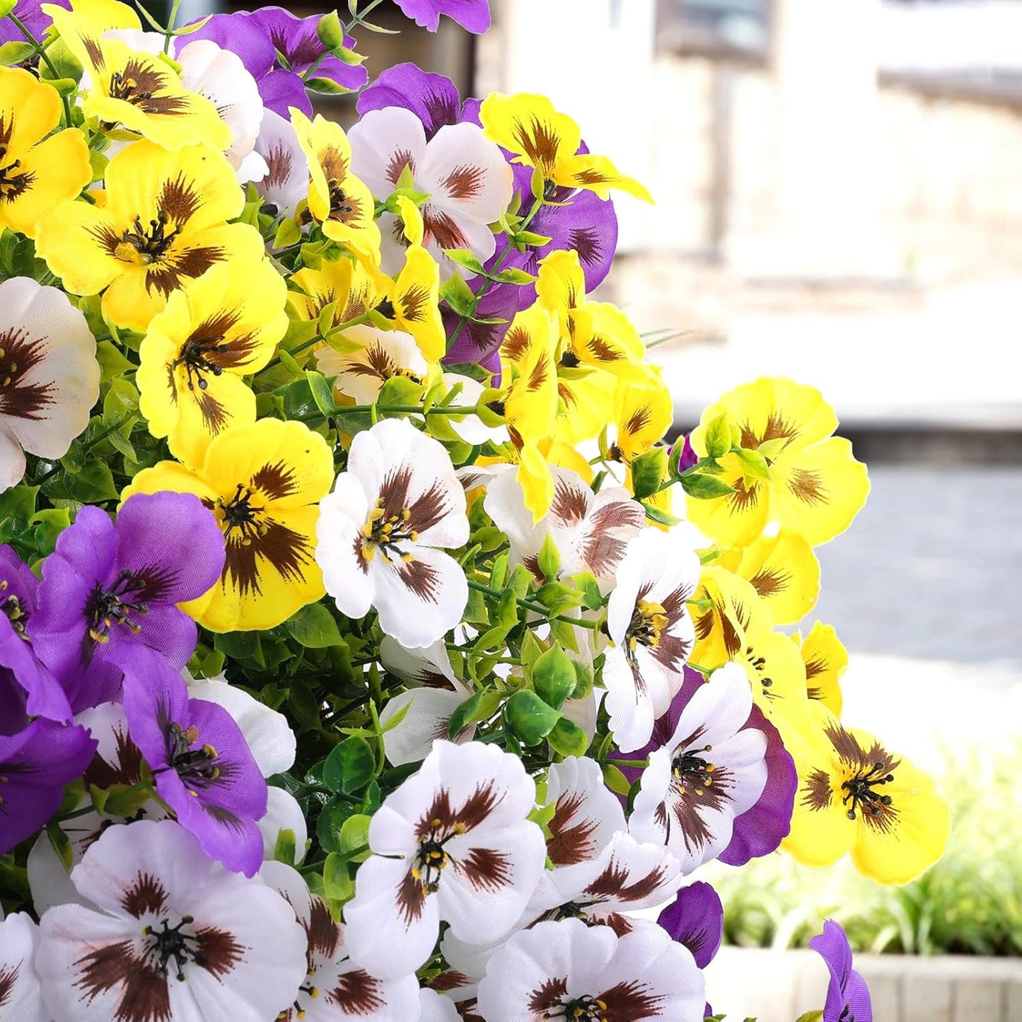 Artificial Fake Pansy Flowers for Outdoor, 36 Bundles Faux Silk Pansies Spring Flowers for Outside for Planter Front Door Porch Yard Patio Window Box Home Decor (36, Purple, Yellow, White)