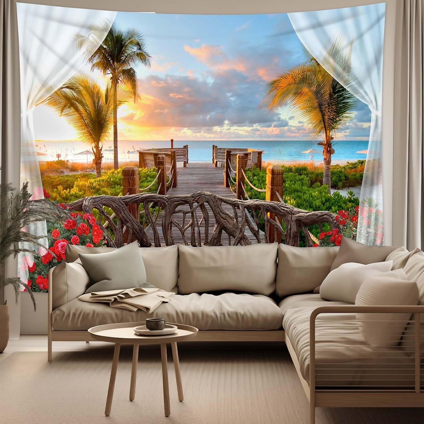 dueeia Beach Window Tapestry Wall Hanging Beachy Coastal Ocean Nature Tropical Landscape Scenic Tapestries for Bedroom Living Room Wall Decor (90.6"x70.9")