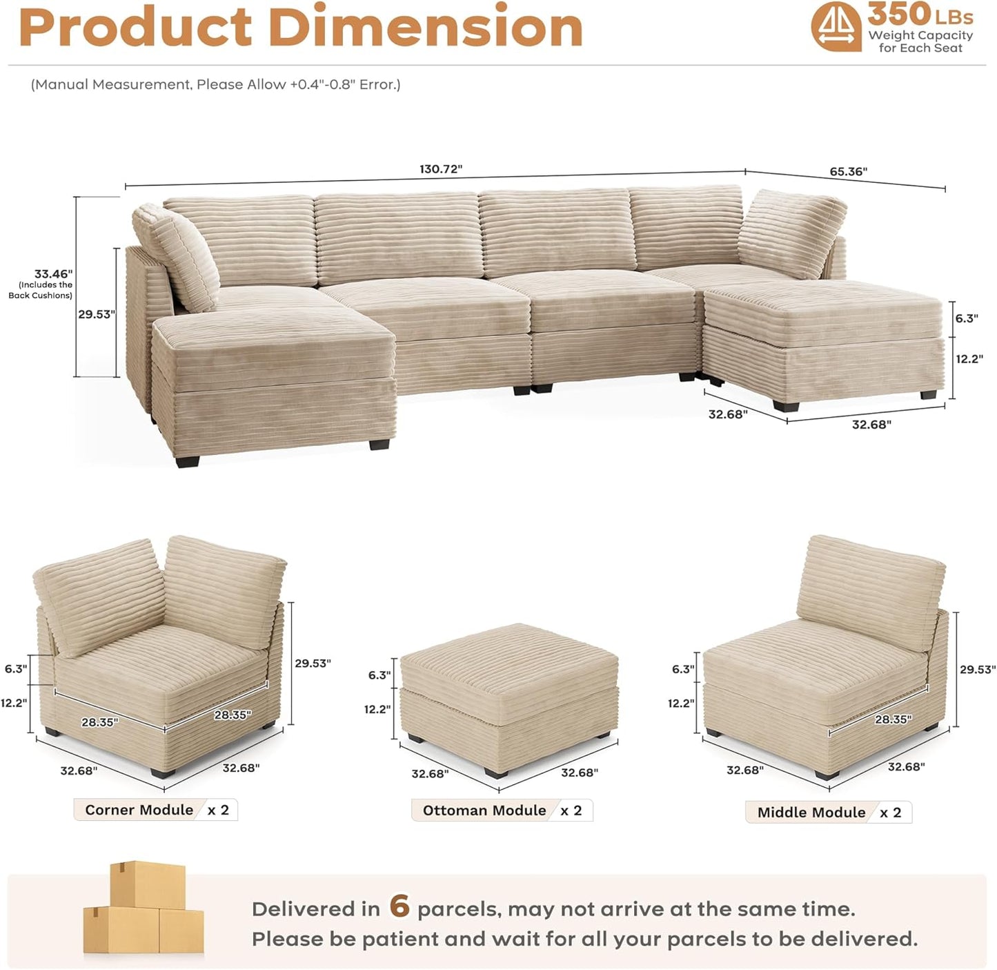 ovios Sectional Sofa Couch with U-Shape Chaise Ottomans, Comfy Modular Cloud Couches with Deep Seat, Modern Upholstered Plush Corduroy Sofas Set for Living Room, 6-Seater, Beige