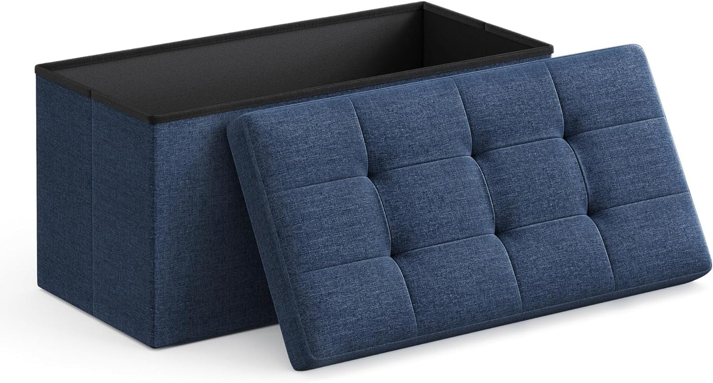 SONGMICS MAZIE Collection - 30 Inches Folding Storage Ottoman Bench, Ottoman Foot Rest, End of Bed Bench, Storage Chest, Load 660 lb, for Living Room, Bedroom, Entryway, Midnight Blue ULSF47IN