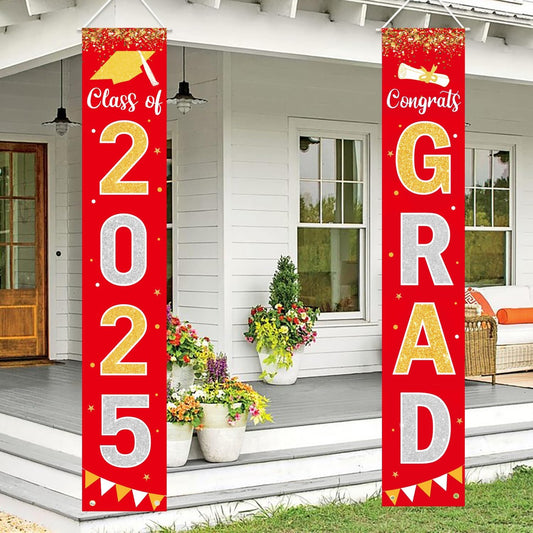 Graduation Decorations 2025 GRAD Banner Red Porch Door Sign Welcome Banner For Indoor Outdoor Wall Graduation Decorations Class of 2025