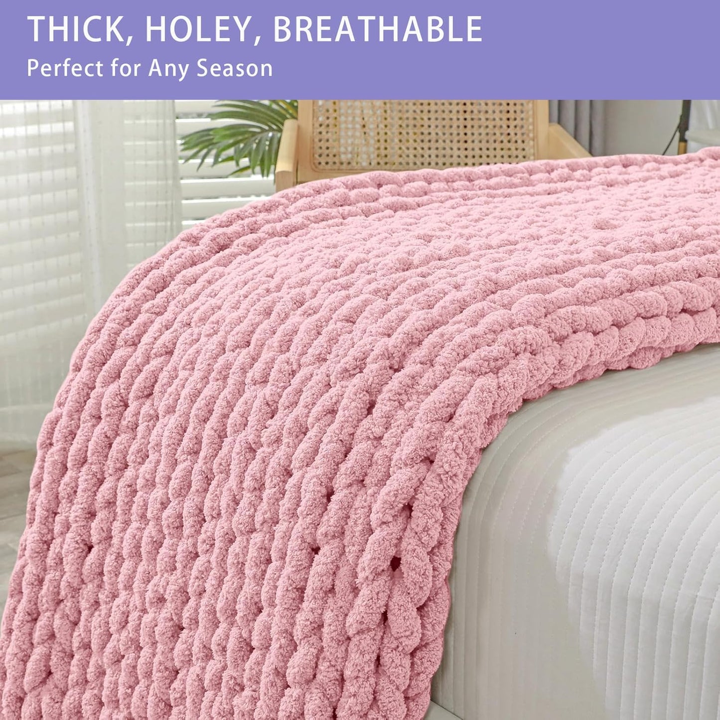 Bigacogo Chunky Knit Throw Blanket for Couch, 40x80 inches, 100% Hand Knitted with Thick Jumbo Chenille Yarn, Cozy Soft Large Rope Knot Cable Crochet Blankets for Sofa Bed Living Room, Blush Pink