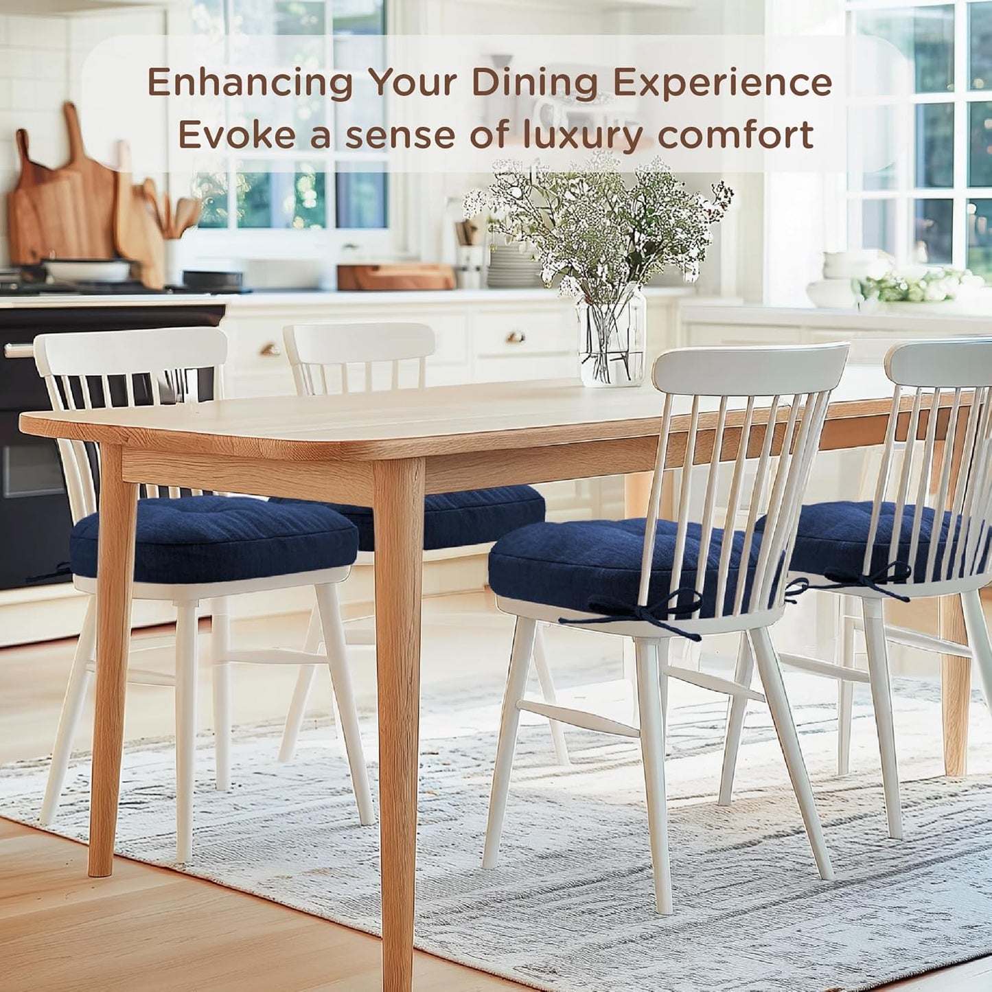 Codi Thick Kitchen Chair Cushions, Chair Pads for Indoor Dining Room 4 Pack - Washable, Non-Slip 3-Layer Seat Cushion with Ties, 16.5"x16.5"x 3.5", Set of 4, Navy
