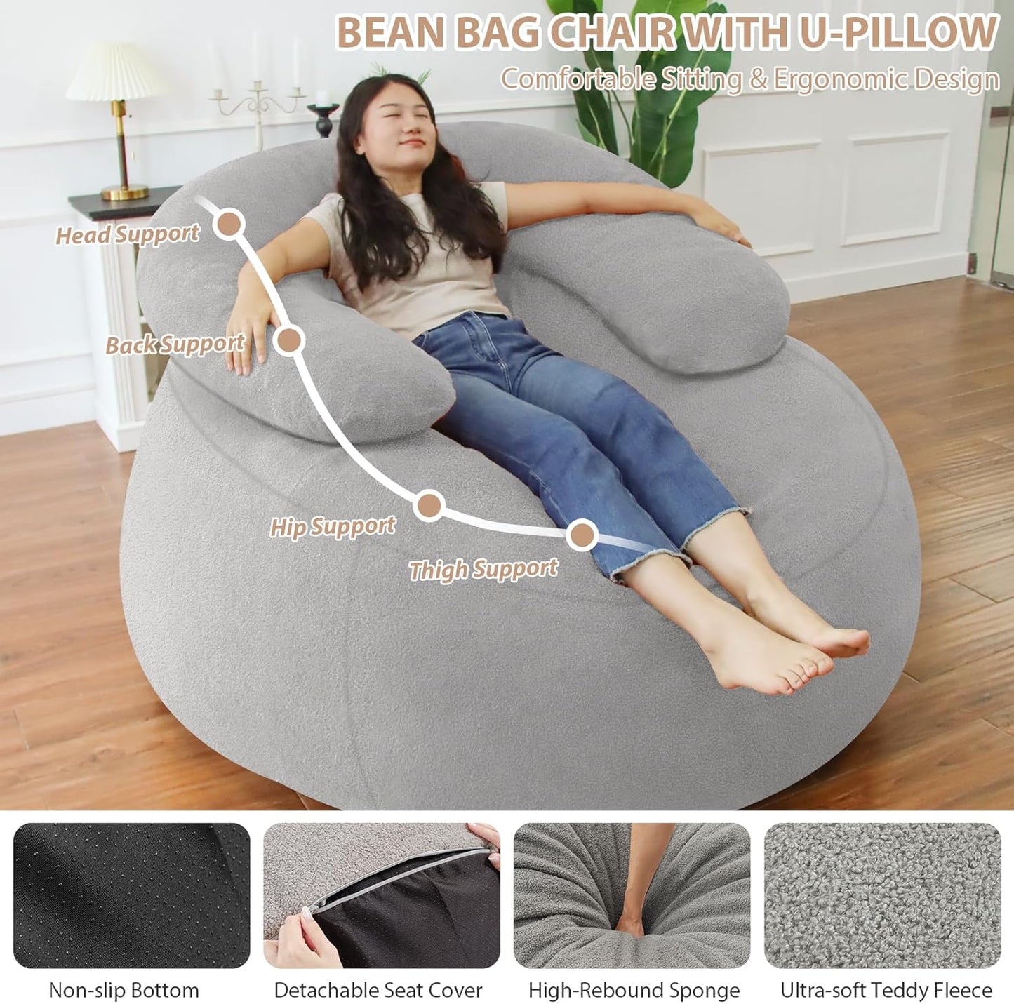 HABUTWAY Bean Bag Chair with U-Shaped Pillow for Adult and Kids Big BeanBag Chair with Filling Ultra Soft Teddy Fleece Couch Chair with Washable Cover for Living Room Bedroom, Light Grey & Light Grey