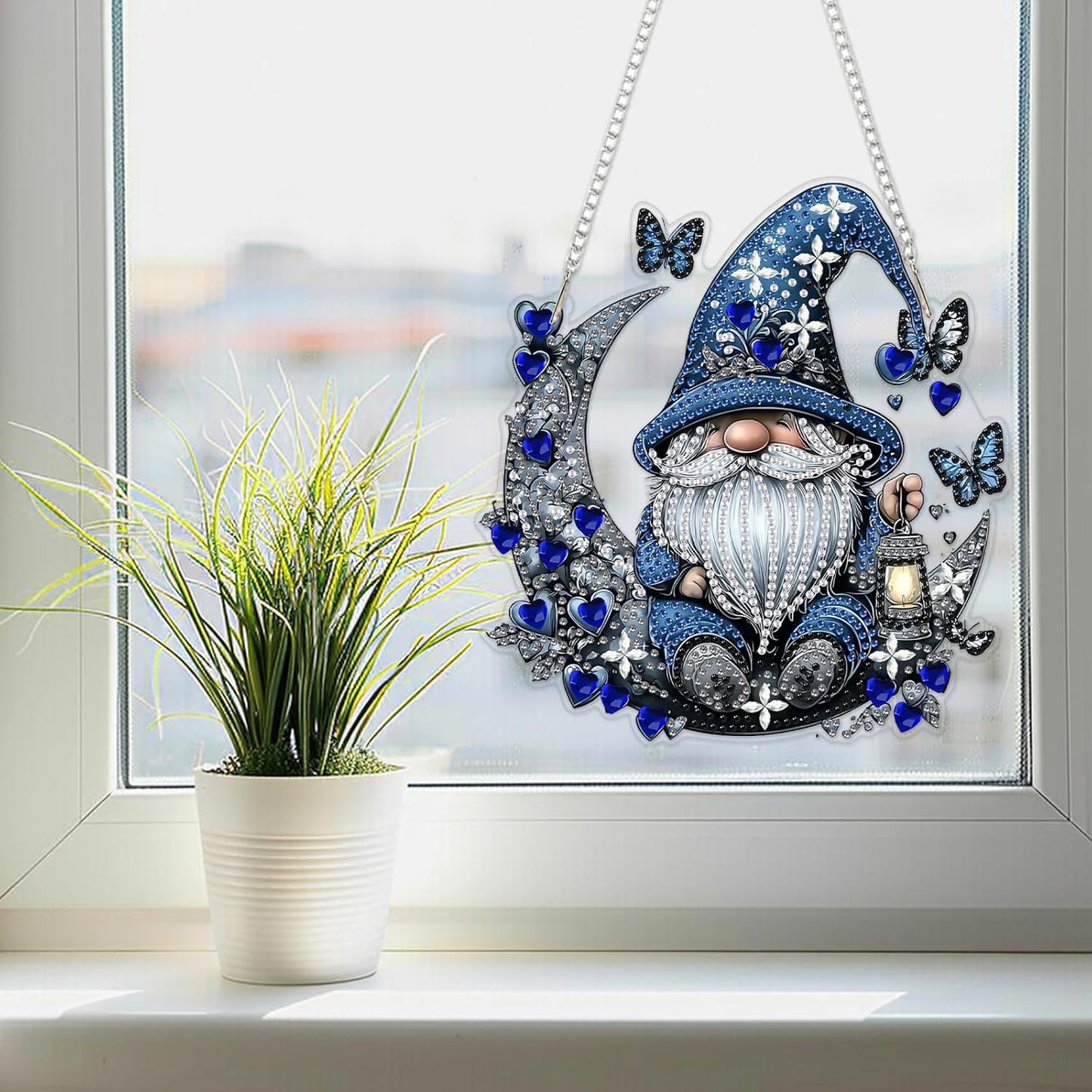 SENQAO Gnome Diamond Art Hanging Kit for Adult, Special Shaped Rhinestone, Double Sided DIY Acrylic Diamond Art Painting Window Pendants Home Garden Wall Hanging Kits Hanging Ornament(Full Moon Love)