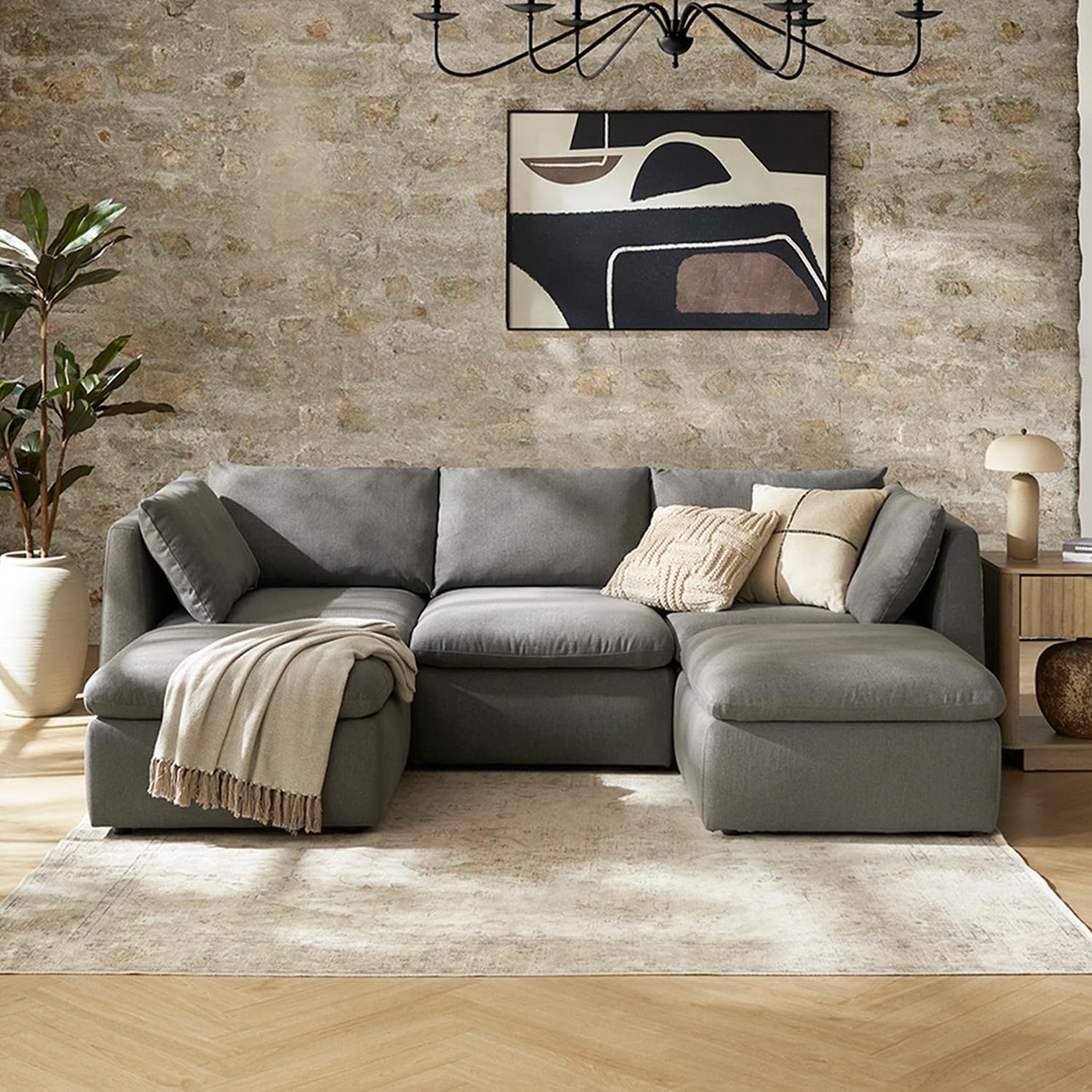 mopio Oversized Modular Sectional Sofa with Fully Removable Covers and Storage, Convertible U, L-Shaped and Sleeper Sectional, Modern Couches with Ottoman Chaise (Stone Gray Fabric, 5 Seats, U)