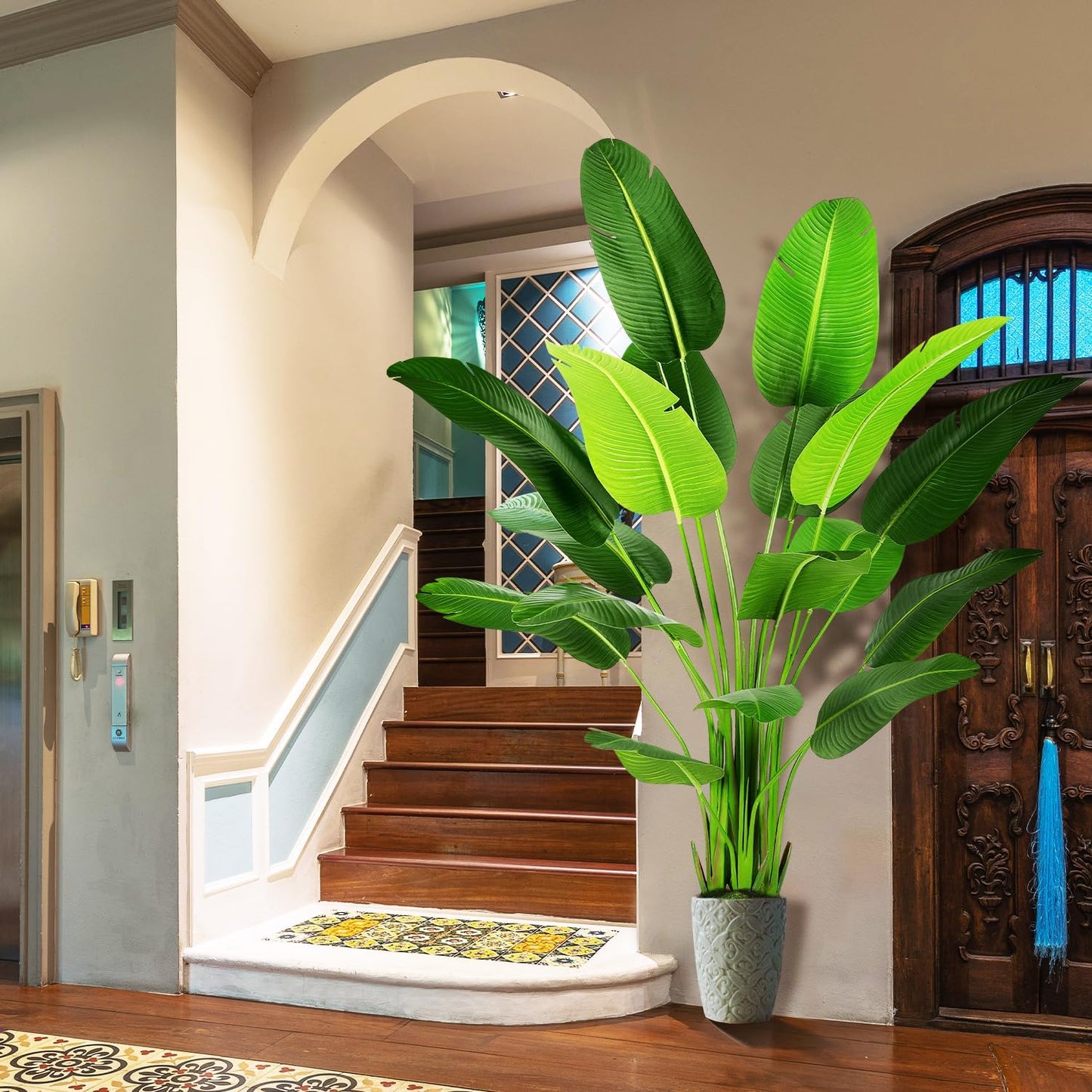 7.2ft Artificial Silk Bird of Paradise Palm Tree (85in) with 17 Trunks Faux Tree and Plastic Nursery Pot, Fake Plant for Office House Farmhouse Living Room Home Decor (Indoor/Outdoor)