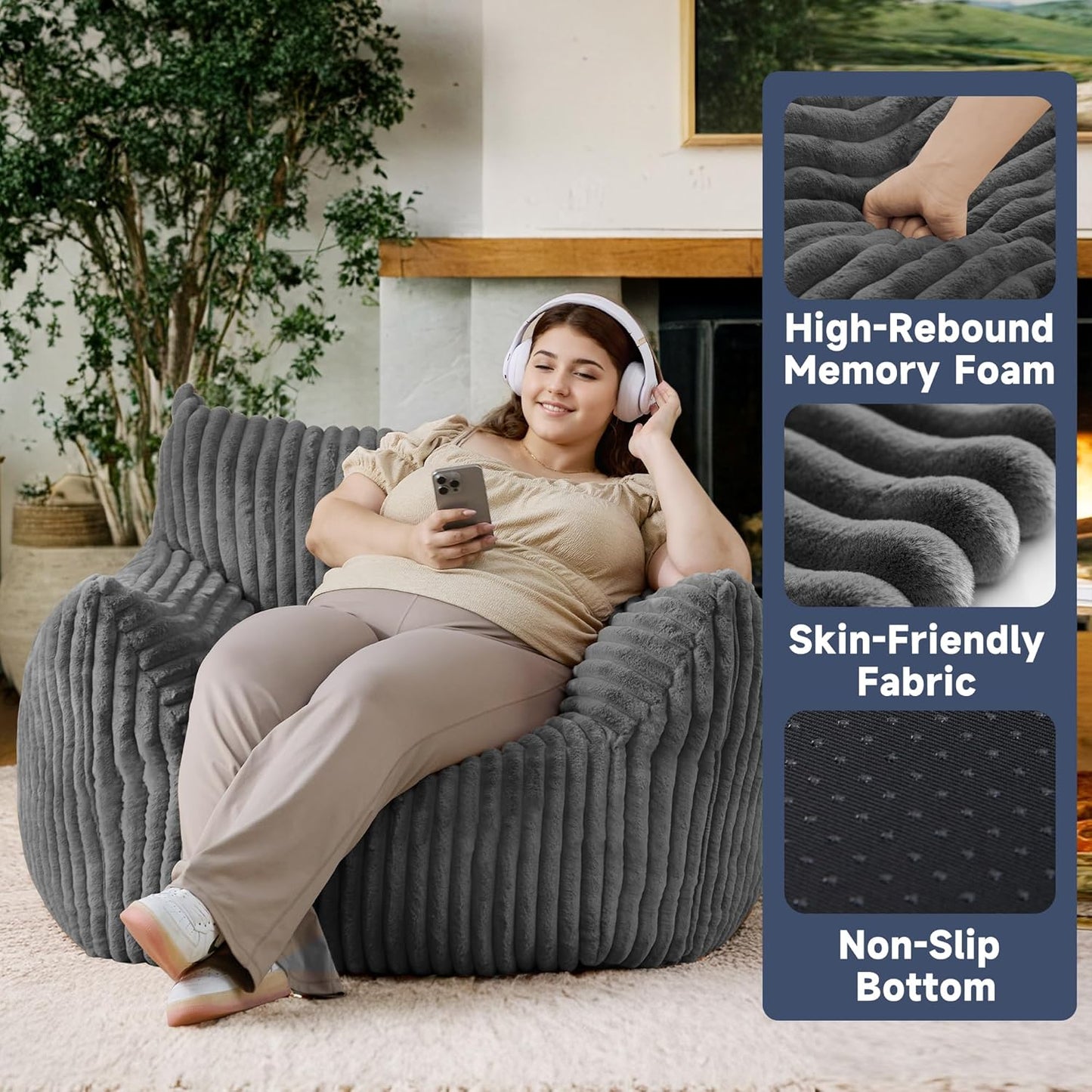 Oversized Bean Bag Chair for Adults, Giant Comfy Plush Boneless Bean Bag Couch with Filler for Kids - Reading Chair for Living Room, Bedroom & Dorm, Single Accent Chair Floor Lounger, Gray