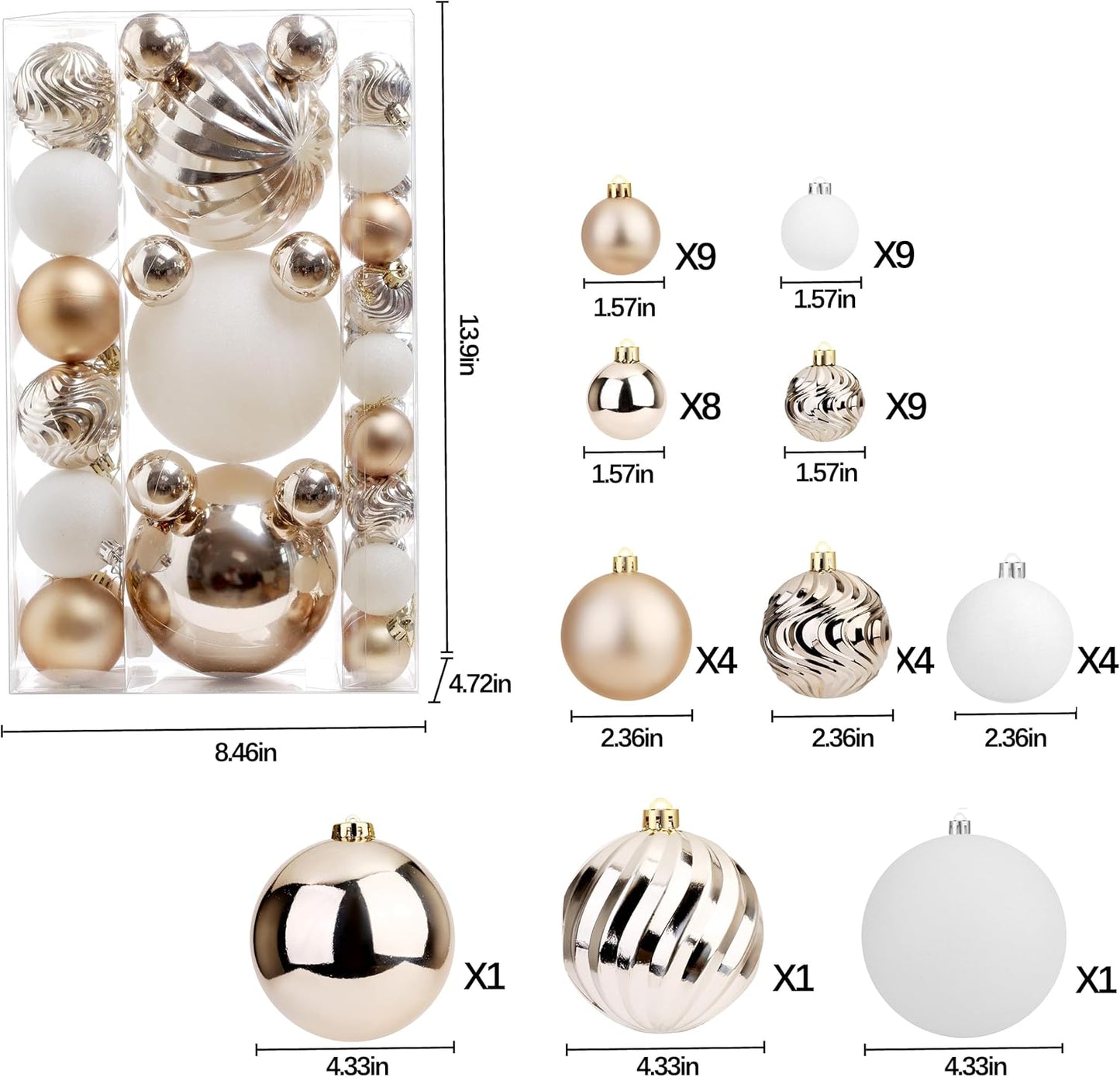 Christmas Ball Ornaments for Xmas Decorations,50 pcs Christmas Extra Large Tree Shatterproof Ornaments-Champagne (Combo of 5 Style in 3 Sizes)