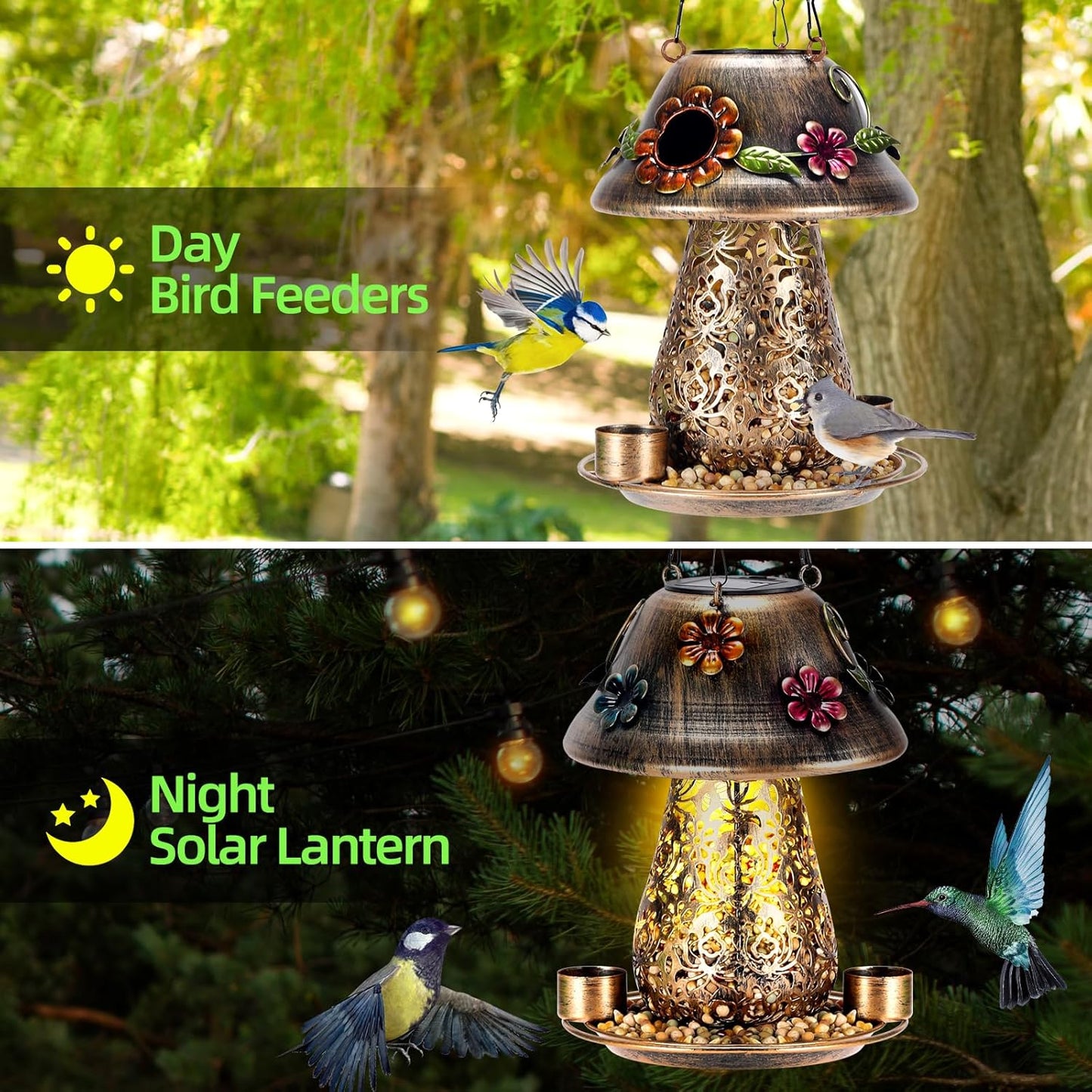 Mushroom Solar Bird Feeders for Outdoors Hanging Metal Wild Bird Feeder Garden Lantern with S Hook for Garden Decoration Brown
