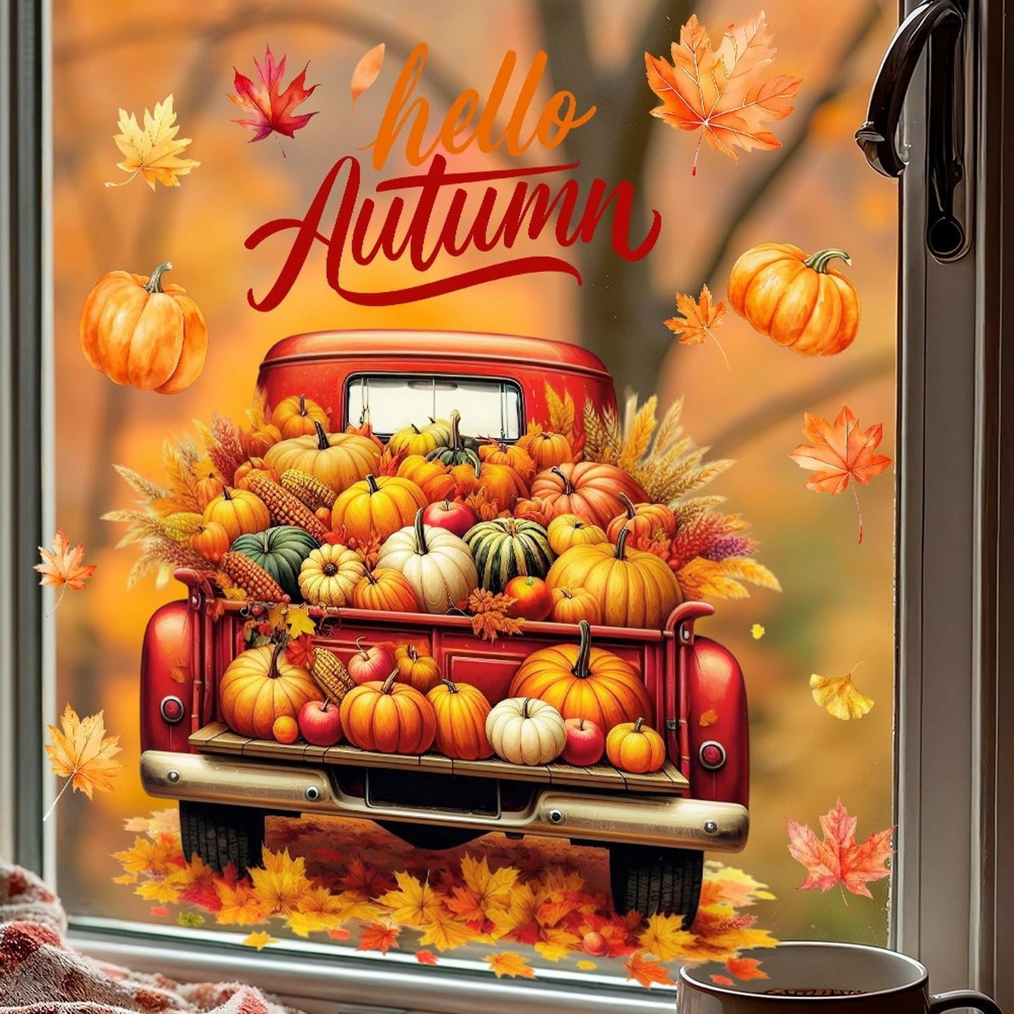 Fall Window Clings for Glass Thanksgiving Static Cling Window Decals 1PCS Pumpkin Maple Leaves Autumn Reusable Window Stickers Home School Office Decorations