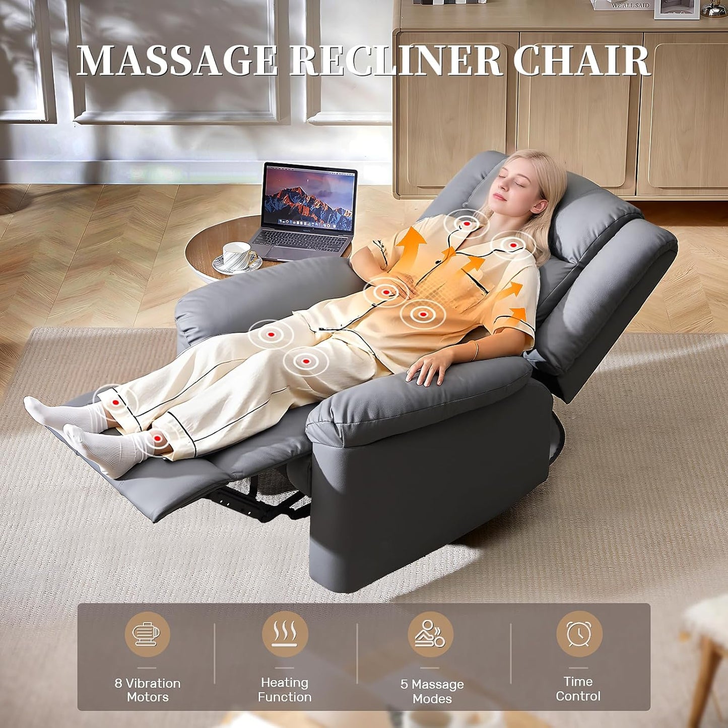 Recliner Chair with Massage & Heat, 8 Vibration Points, 5 Modes, 115-165° Reclining, Manual Recliner for Adults, Timer & Intensity Control, Faux Leather Massage Chair with Side Pocket for Living Room