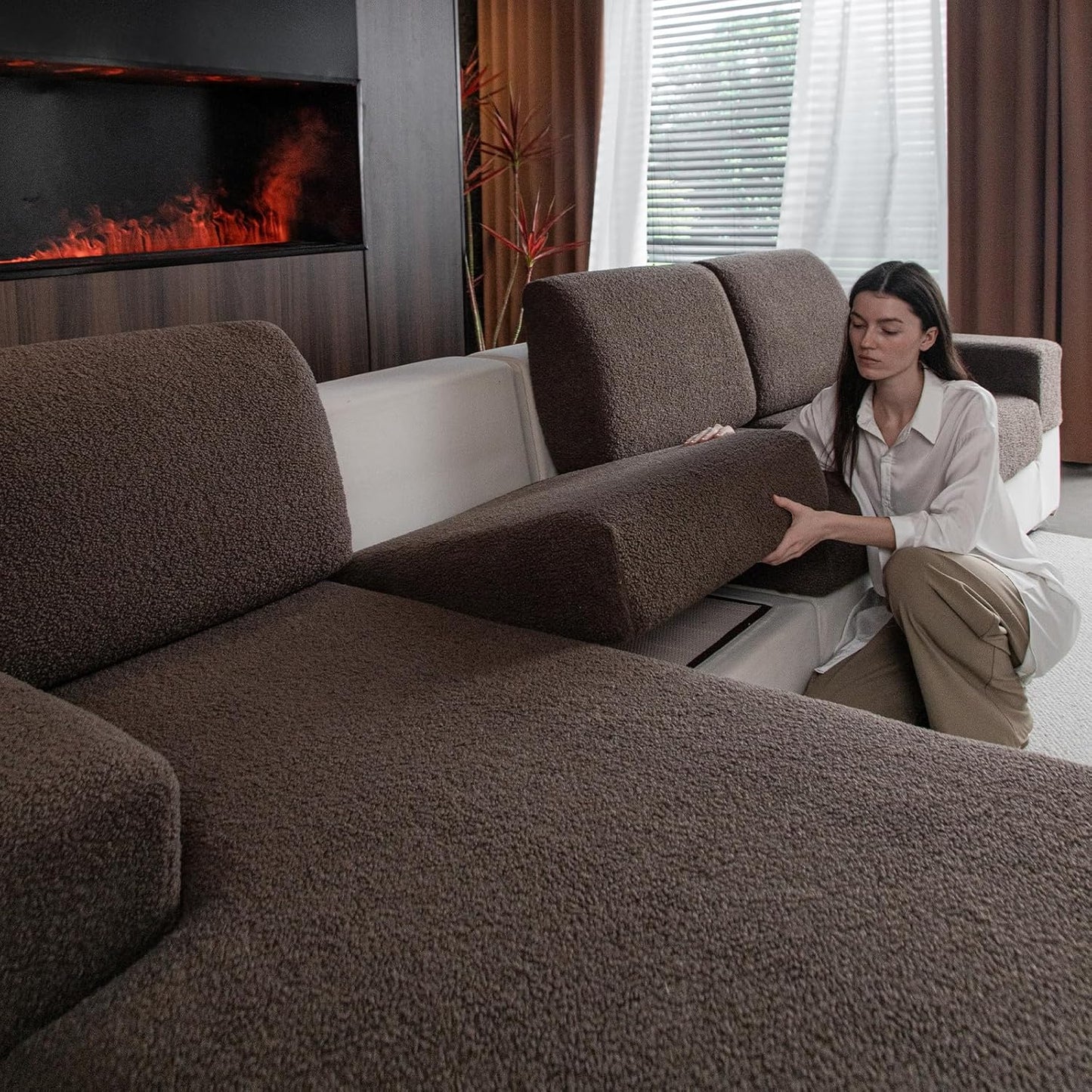 Couch Cushion Covers for Sectional Sofa, Stretch Soft Sofa Slipcovers Washable Wear-Resistant Universal Furniture Protector for Living Room(1 Piece Chair Cover, Brown)