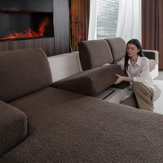 Couch Cushion Covers for Sectional Sofa, Stretch Soft Sofa Slipcovers Washable Wear-Resistant Universal Furniture Protector for Living Room(1 Piece Chaise Cover, Brown)