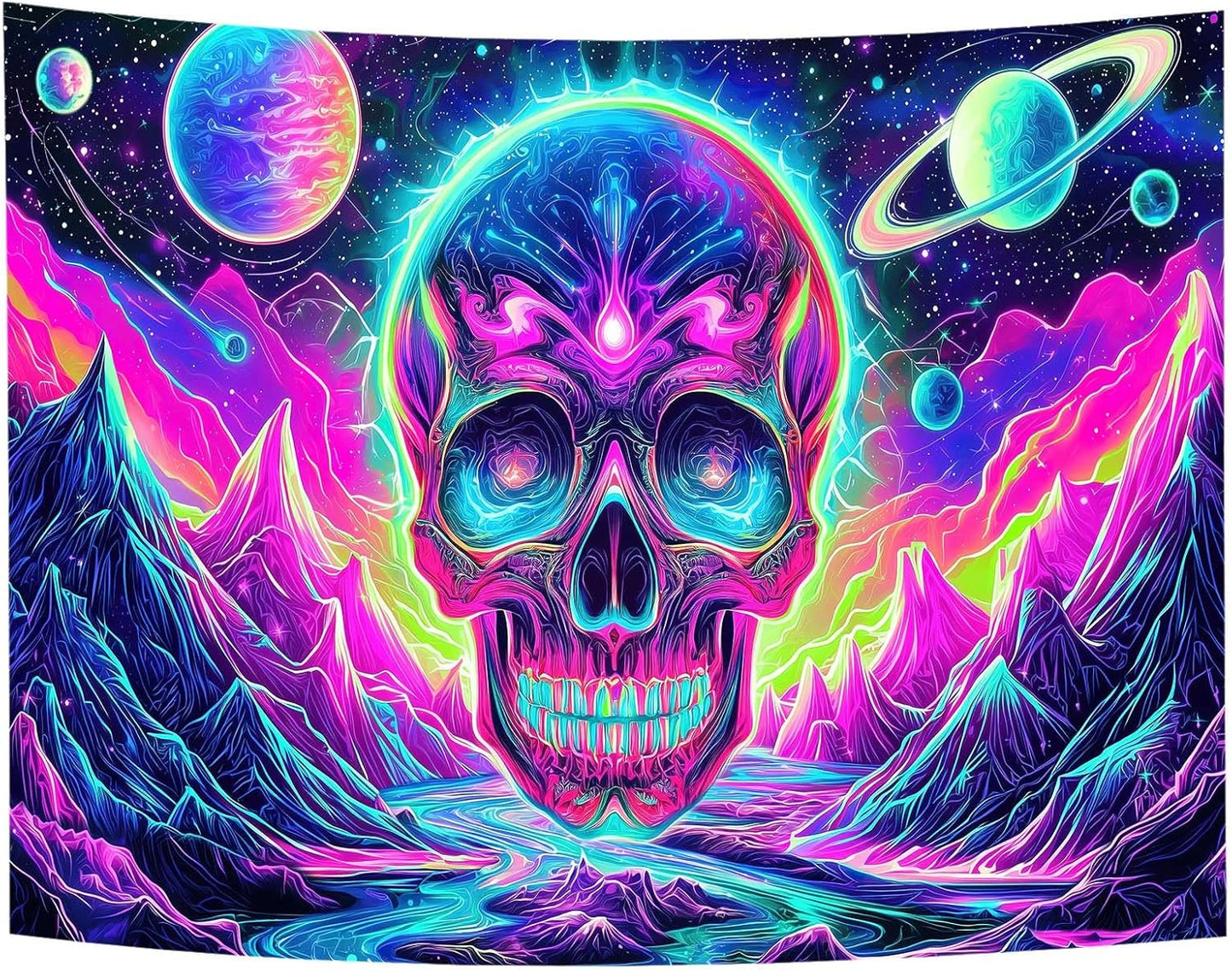 Blacklight Skull Tapestry, UV Reactive Gothic Skeleton Mountain Galaxy Planet Wall Hanging Tapestries, Glow in the Dark Horror Face Halloween Aesthetic Poster for Bedroom Living Room Decor 60X40IN