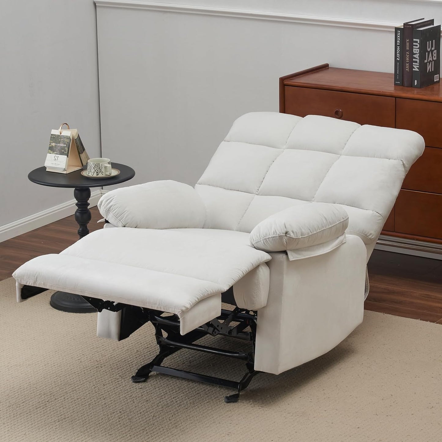 Rocker Recliner Chair, Overstuffed Manual Rocking Recliner for Adults, Upholstered Comfy Soft Fabric Living Room Reclining Sofa Chair (Beige Fabric)