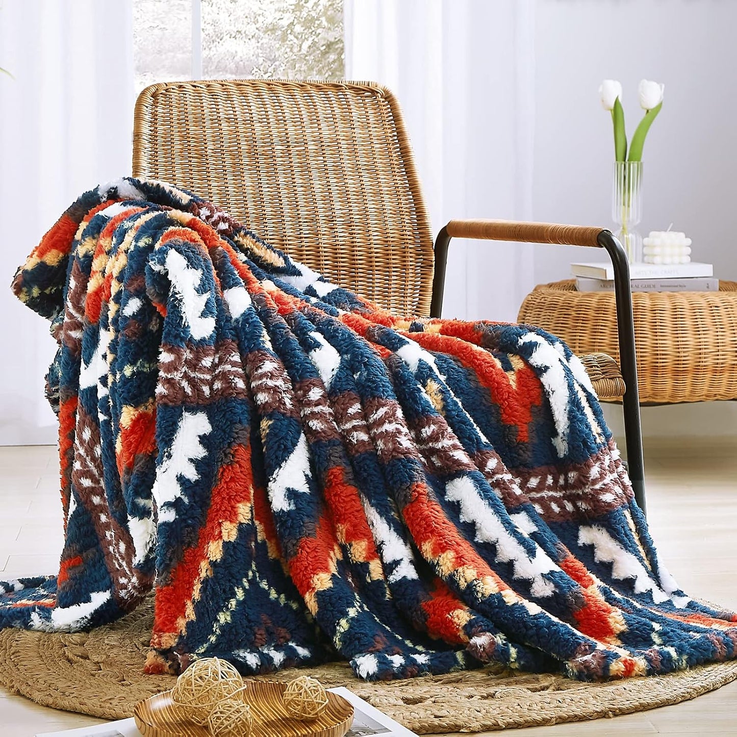 CASAAGUSTO Boho Sherpa Throw Blanket, Aztec Throw, Ultra Soft, Warm, Cozy, Plush, Thick Fleece Bohemian Throw Blanket for Couch, Bed, Sofa (Navy Blue 50 * 60 Inch)