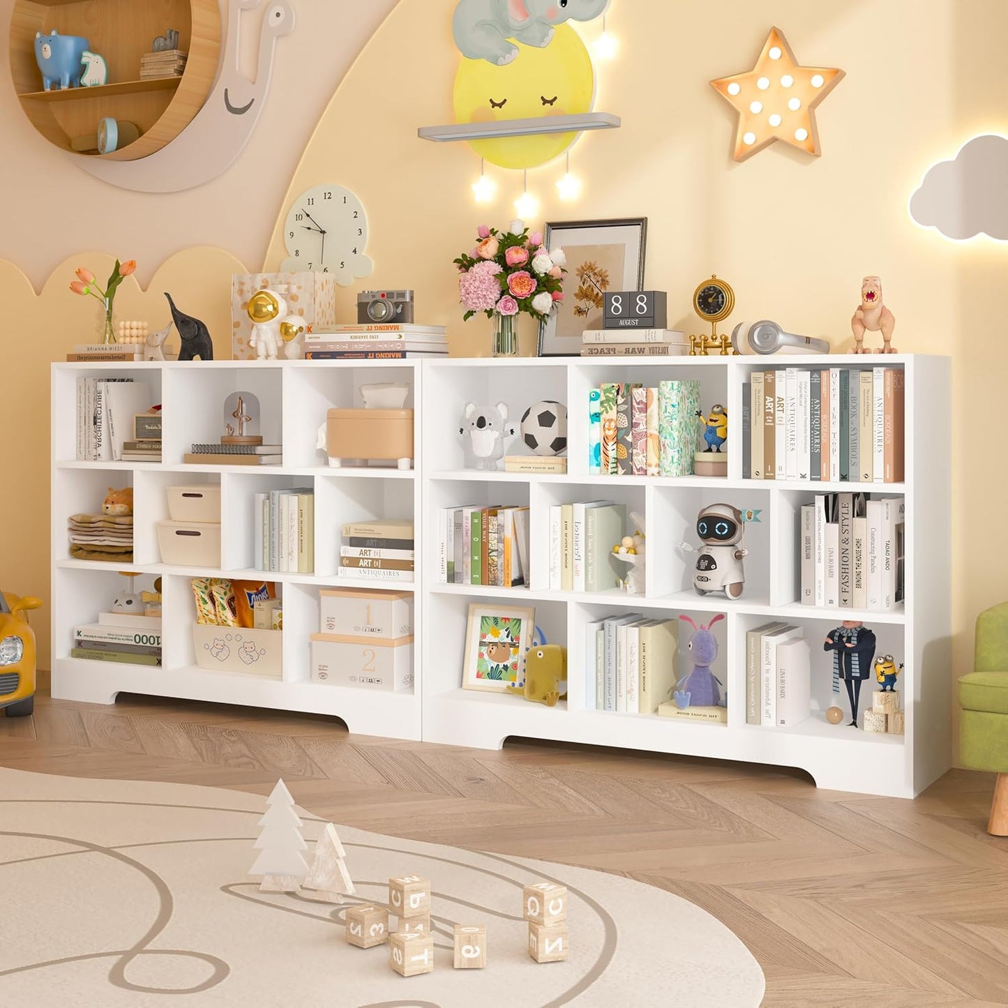 Book Shelf Set of 2, 10 Cubes Storage Organizer, 3-Tier Open Shelf Wooden Bookcase, Freestanding White Bookshelf Cube Shelf for Bedroom, Living Room, Home Office