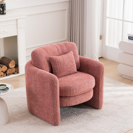 Chenille Accent Armchair Oversize Upholstered Barrel Comfy Modern Round Lounge Sofa Chair with Pillow Cozy Reading Chairs for Apartment,Office,Living Room,Dining,Makeup,Club,Pink