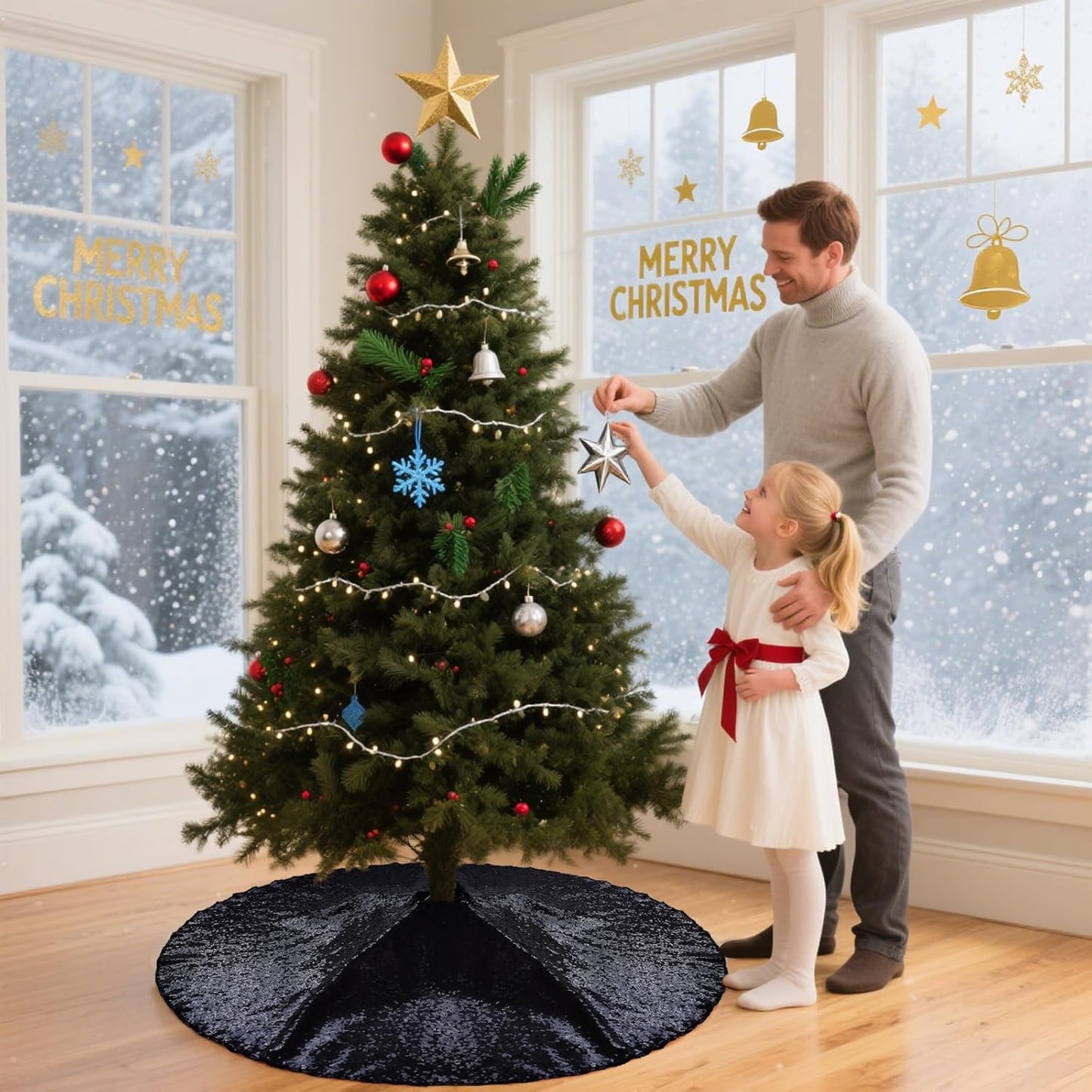 Eternal Beauty Christmas Tree Skirt, 50 Inch Black Halloween Sequin Tree Skirt Small Xmas Tree Skirt for Christmas Tree Decorations